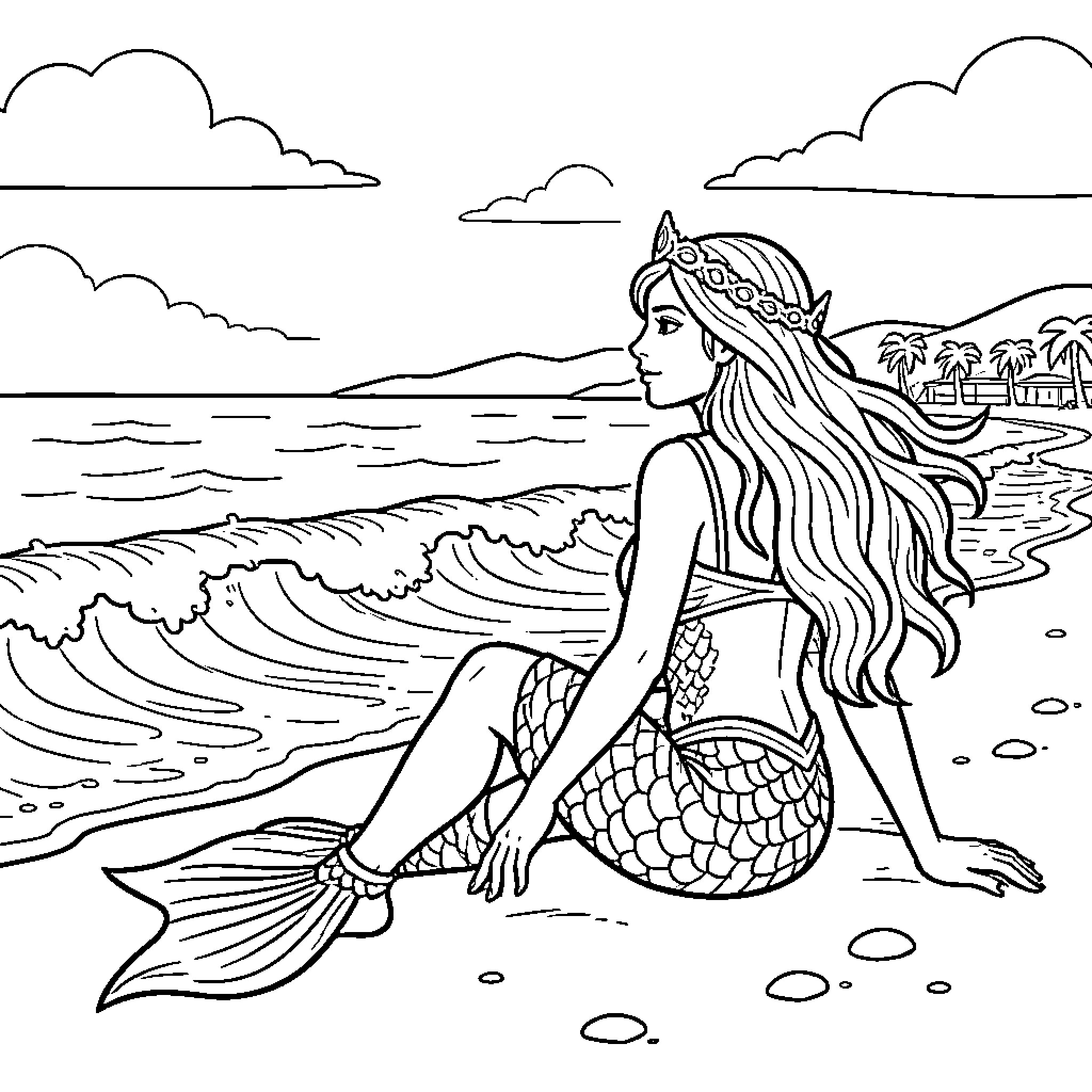 Mermaid sitting peacefully on the sandy beach Coloring Page (free black-and-white line drawing printable PDF for all, from beginners to advanced learners, including children, teens, adults, and seniors)