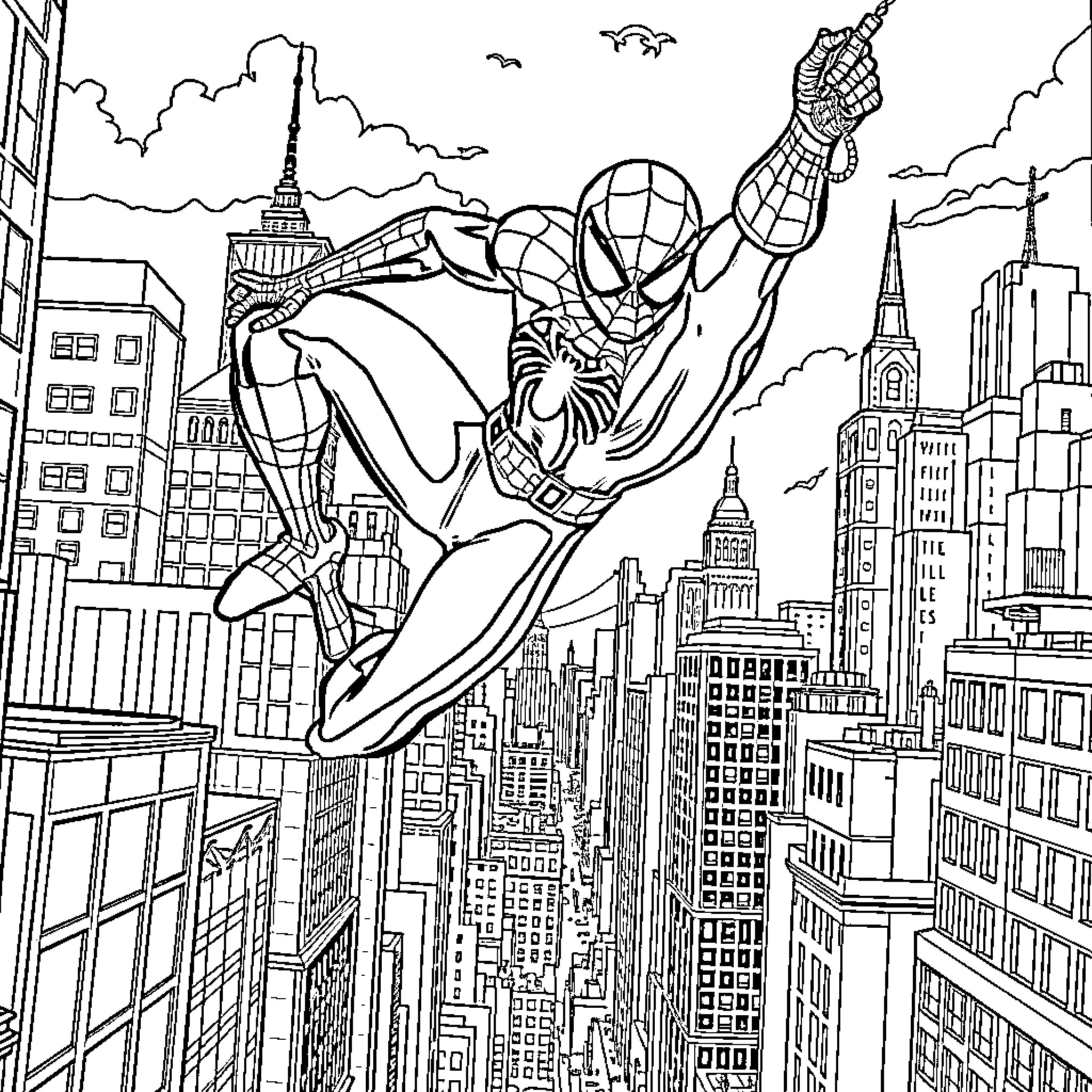 Spider-Man swinging heroically through the city skyline Coloring Page (free black-and-white line drawing printable PDF for all, from beginners to advanced learners, including children, teens, adults, and seniors)