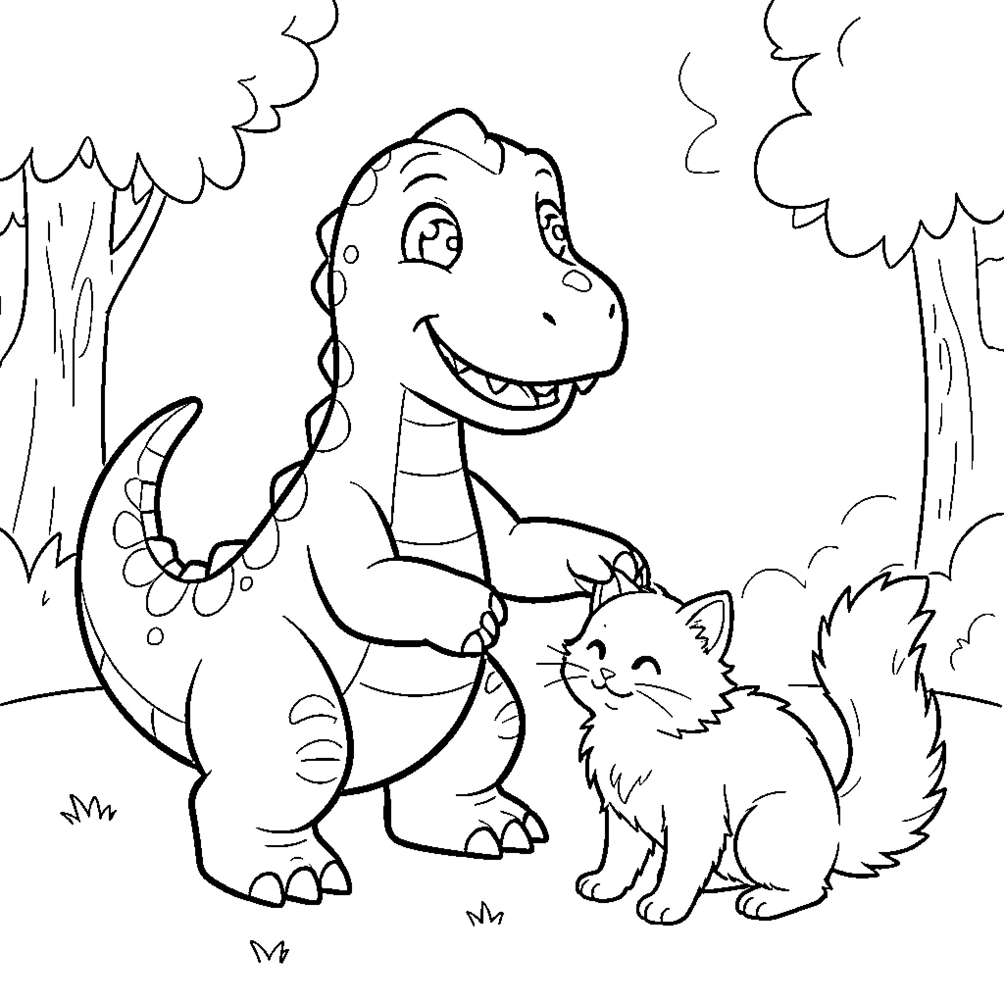 Dinosaur playing with friendly kitten in forest Coloring Page (free black-and-white line drawing printable PDF for all, from beginners to advanced learners, including children, teens, adults, and seniors)