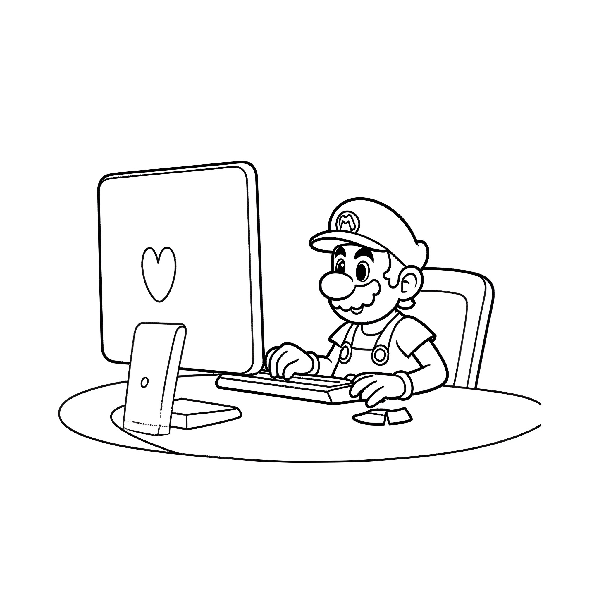 Mario Gaming on Computer with Smiling Expression Coloring Page (free black-and-white line drawing printable PDF for all, from beginners to advanced learners, including children, teens, adults, and seniors)