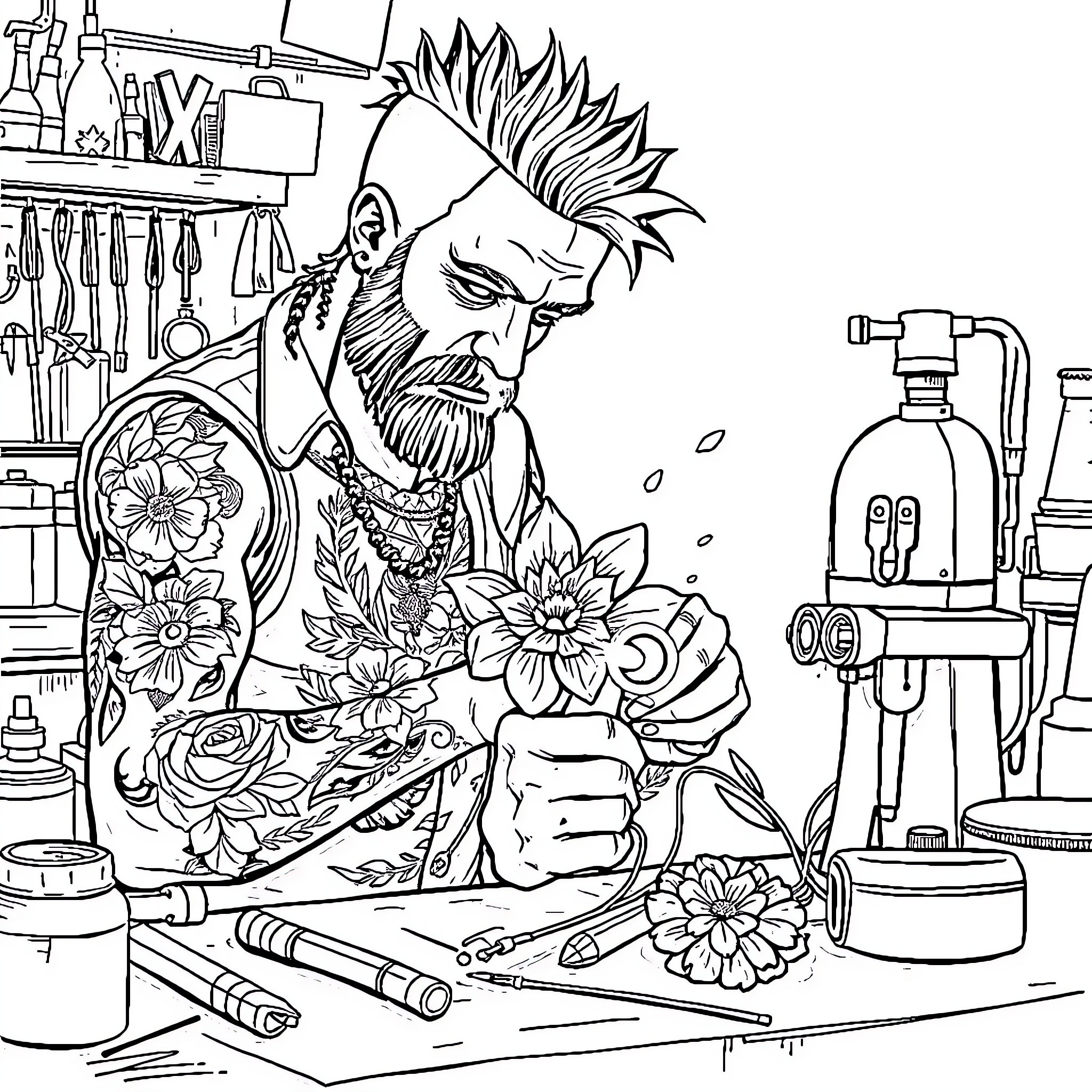 Punk Artist Crafting Vibrant Floral Masterpiece Coloring Page (free black-and-white line drawing printable PDF for all, from beginners to advanced learners, including children, teens, adults, and seniors)