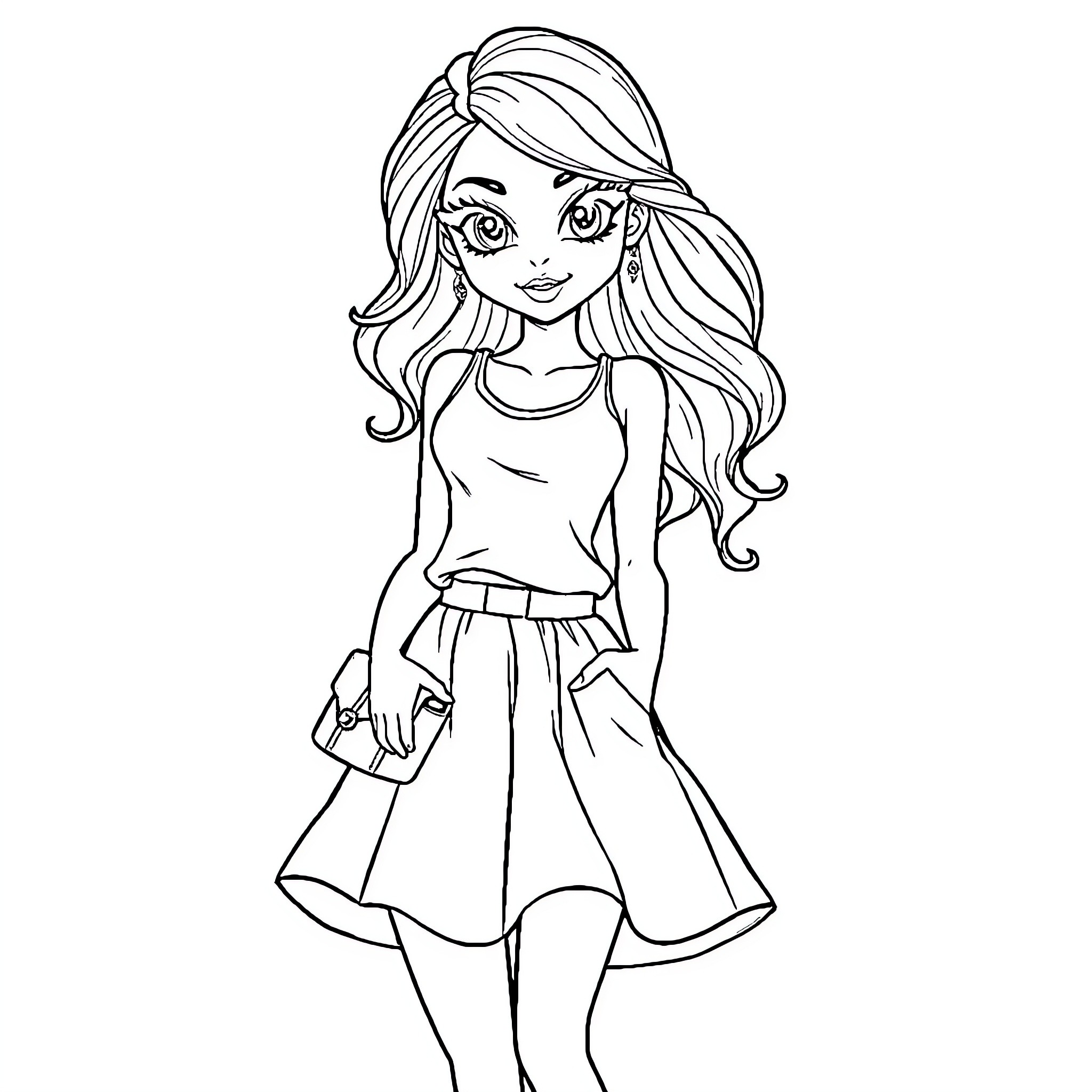 Girl with long wavy hair in casual dress Coloring Page (free black-and-white line drawing printable PDF for all, from beginners to advanced learners, including children, teens, adults, and seniors)
