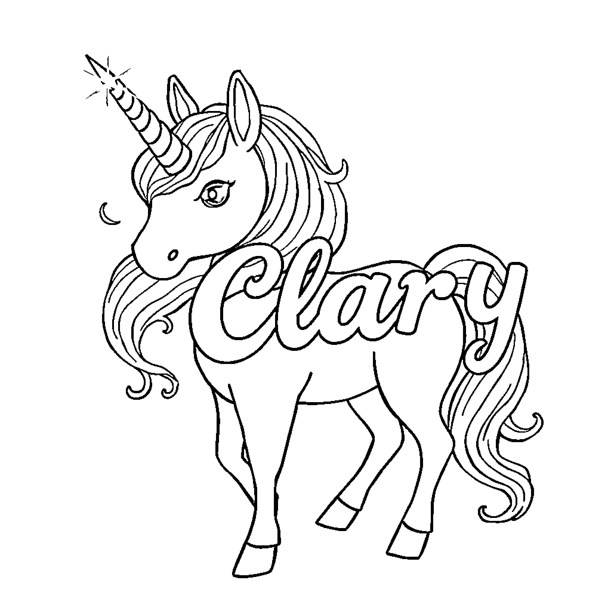 Unicorn named 'Clara' expressing emotions Coloring Page (free black-and-white line drawing printable PDF for all, from beginners to advanced learners, including children, teens, adults, and seniors)