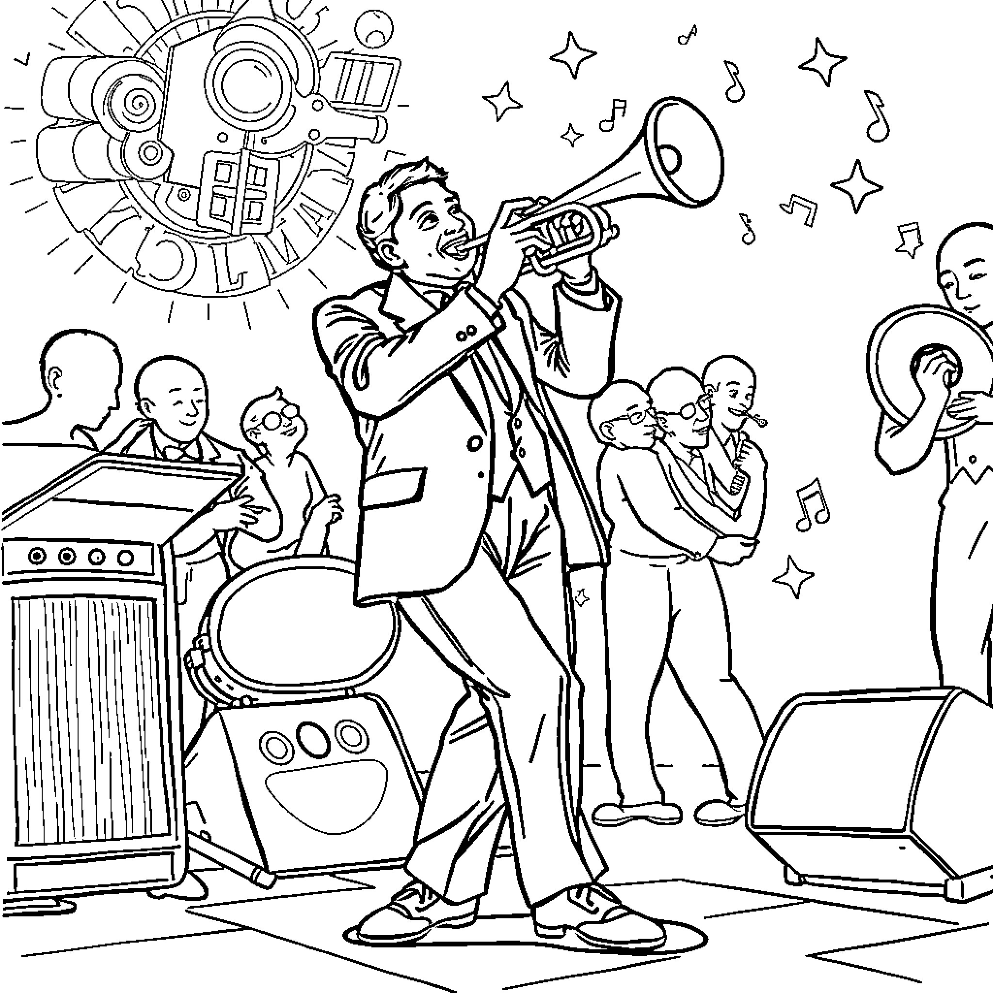 Man playing music enthusiastically on stage Coloring Page (free black-and-white line drawing printable PDF for all, from beginners to advanced learners, including children, teens, adults, and seniors)