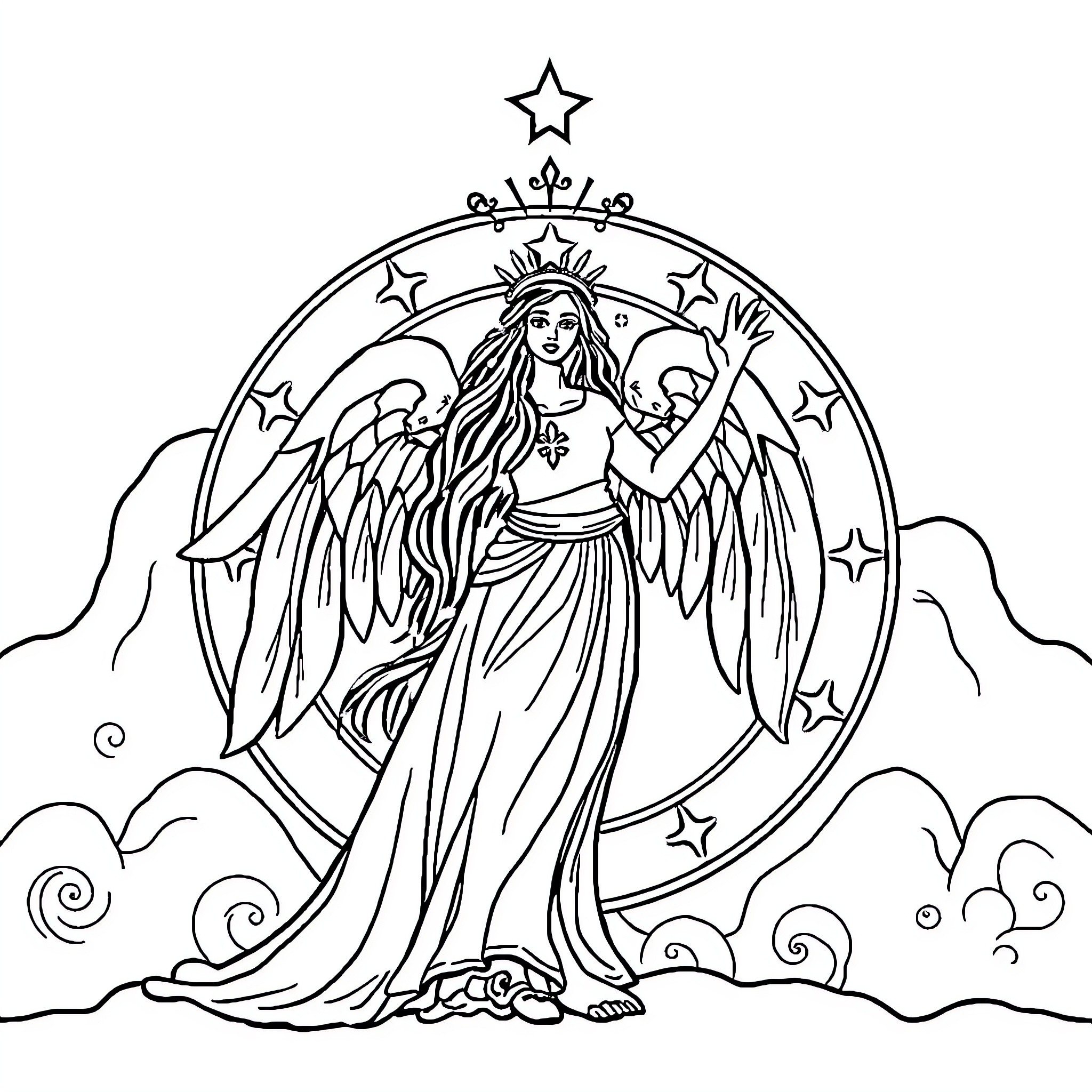 Astrology goddess with winged figure in celestial scene Coloring Page (free black-and-white line drawing printable PDF for all, from beginners to advanced learners, including children, teens, adults, and seniors)