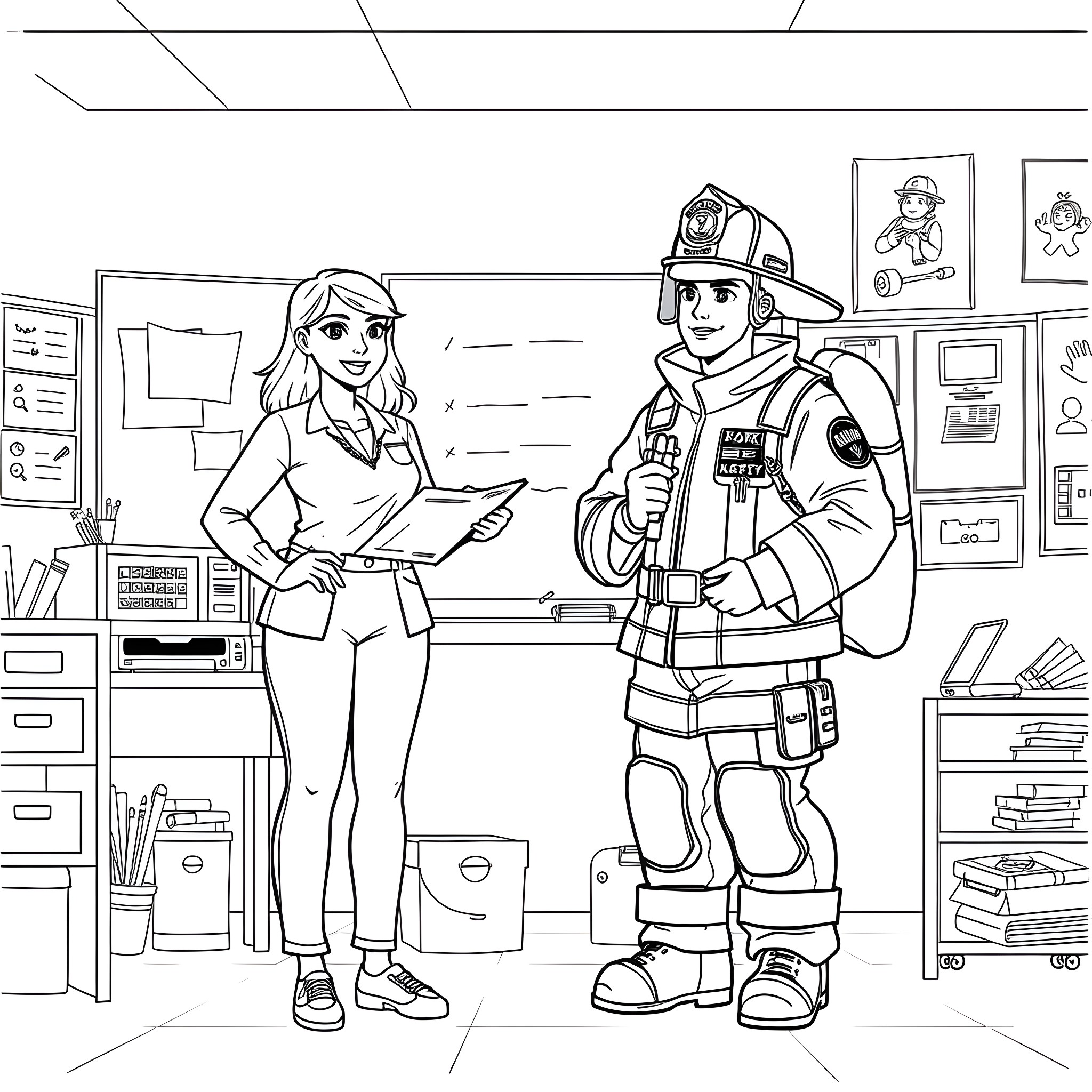 Teacher and Firefighter Discuss Safety Protocols Coloring Page (free black-and-white line drawing printable PDF for all, from beginners to advanced learners, including children, teens, adults, and seniors)