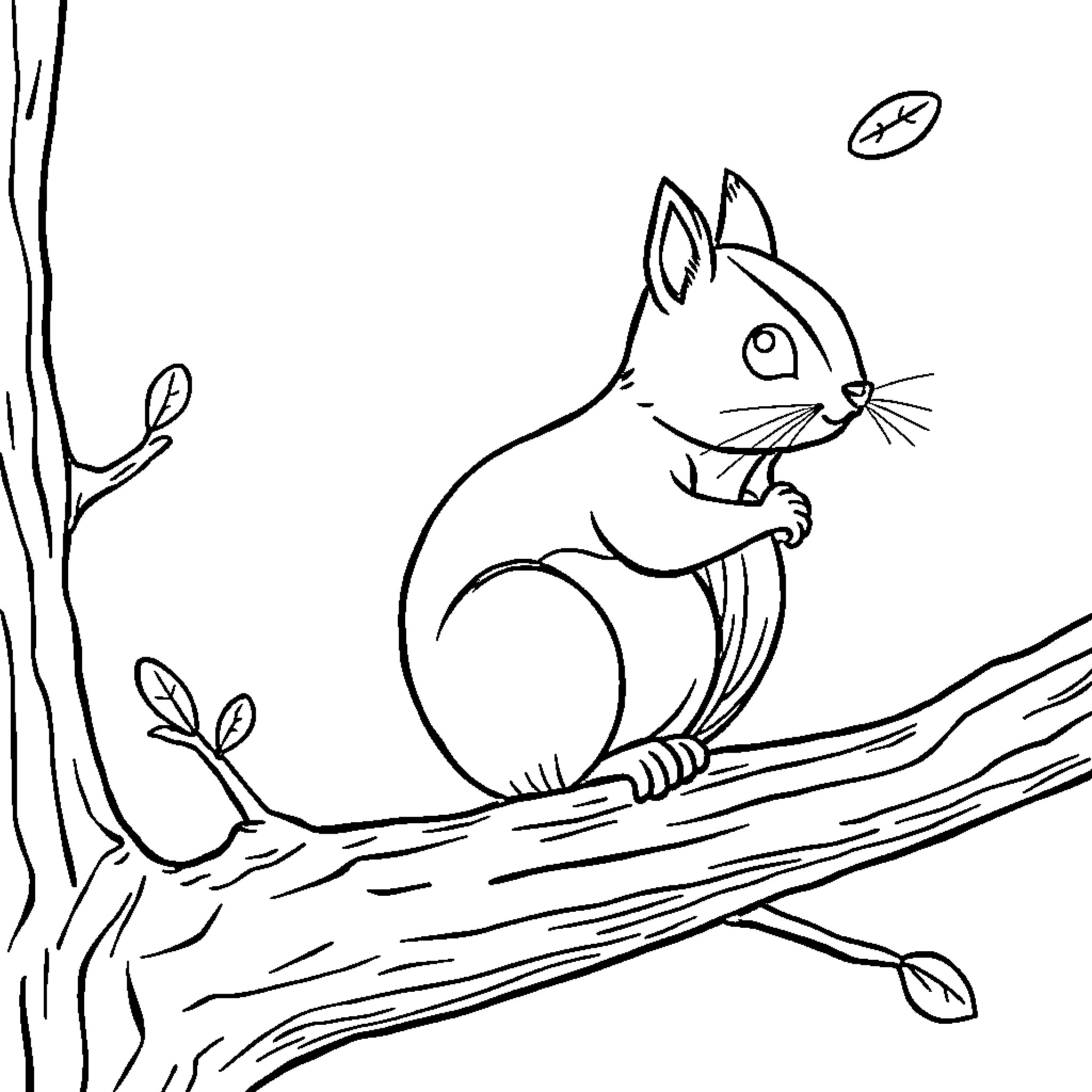 Squirrel sitting on tree branch Coloring Page (free black-and-white line drawing printable PDF for all, from beginners to advanced learners, including children, teens, adults, and seniors)