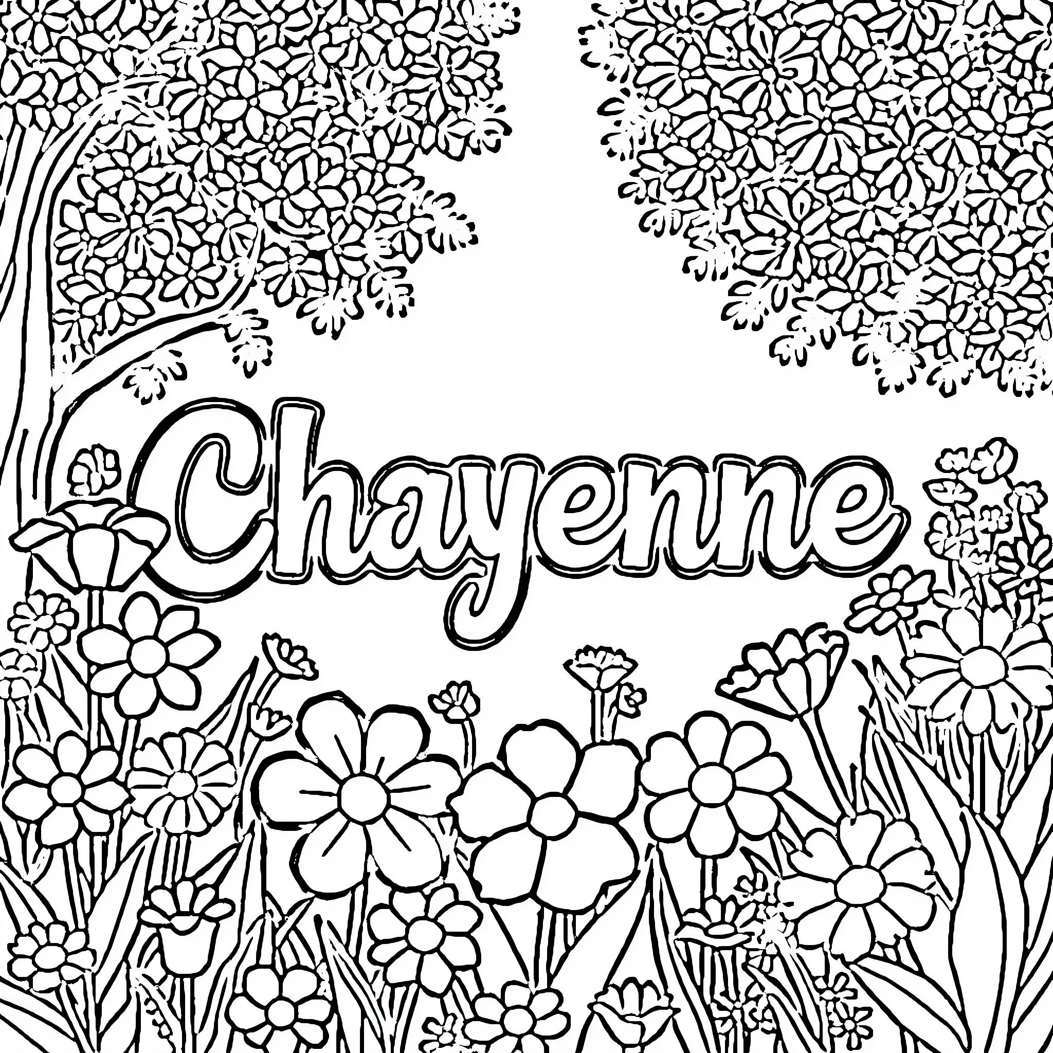 Chayenne surrounded by flowers in a floral garden Coloring Page (free black-and-white line drawing printable PDF for all, from beginners to advanced learners, including children, teens, adults, and seniors)