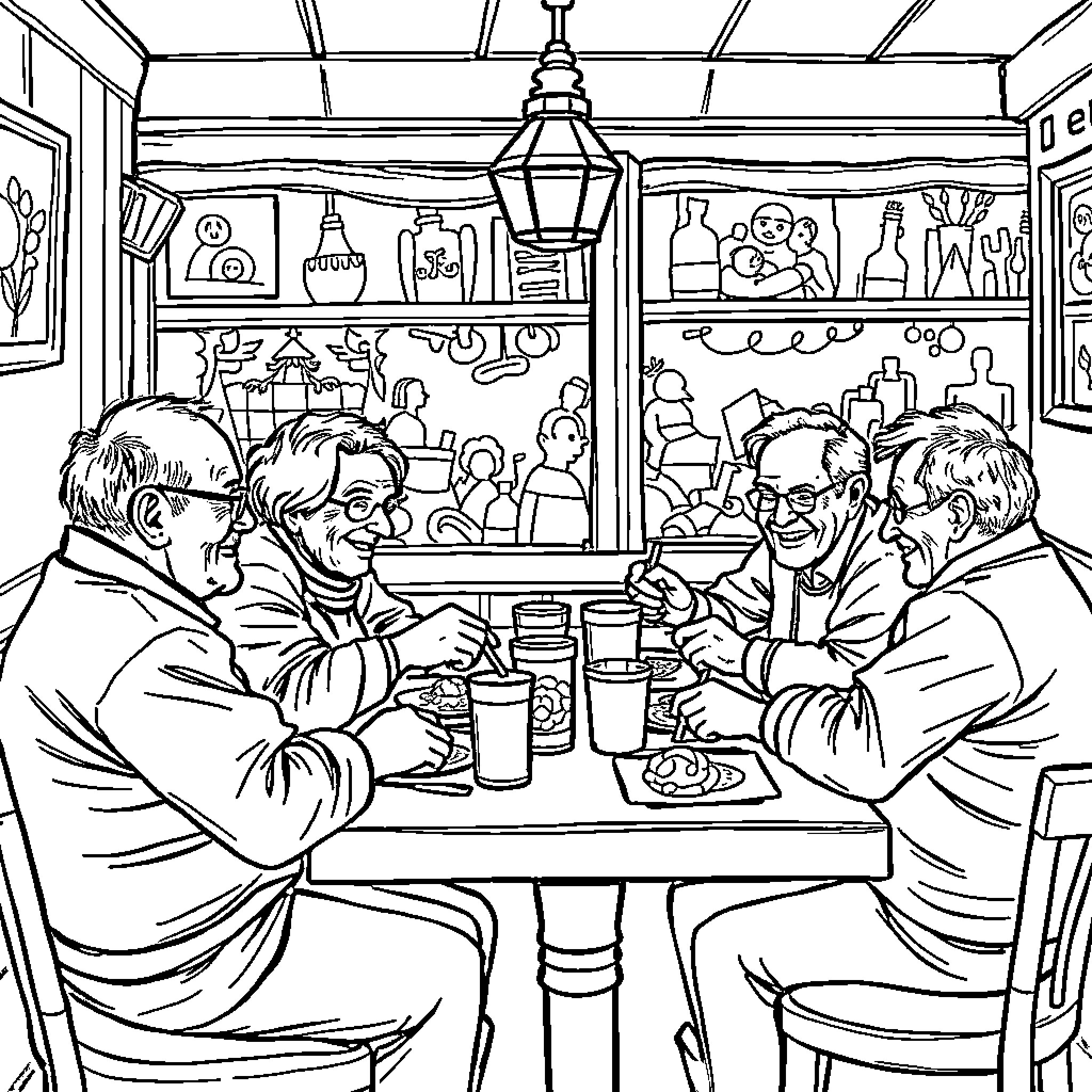Elderly Friends Enjoying a Lively Gathering at the Bar Coloring Page (free black-and-white line drawing printable PDF for all, from beginners to advanced learners, including children, teens, adults, and seniors)