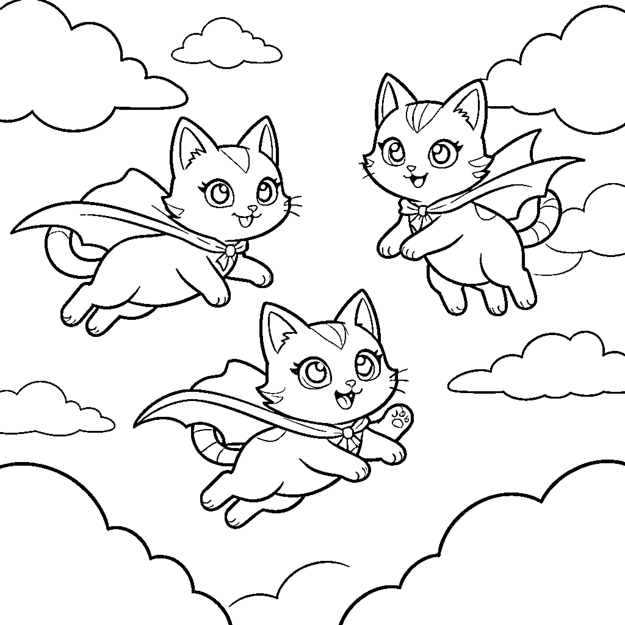 Superkitties flying heroically through the clouds Coloring Page (free black-and-white line drawing printable PDF for all, from beginners to advanced learners, including children, teens, adults, and seniors)