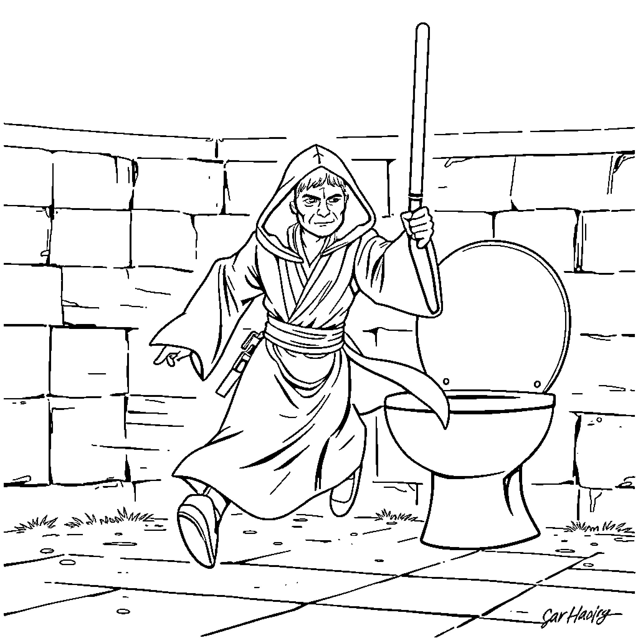 Jedi Knight in Contemplative Pose Coloring Page (free black-and-white line drawing printable PDF for all, from beginners to advanced learners, including children, teens, adults, and seniors)