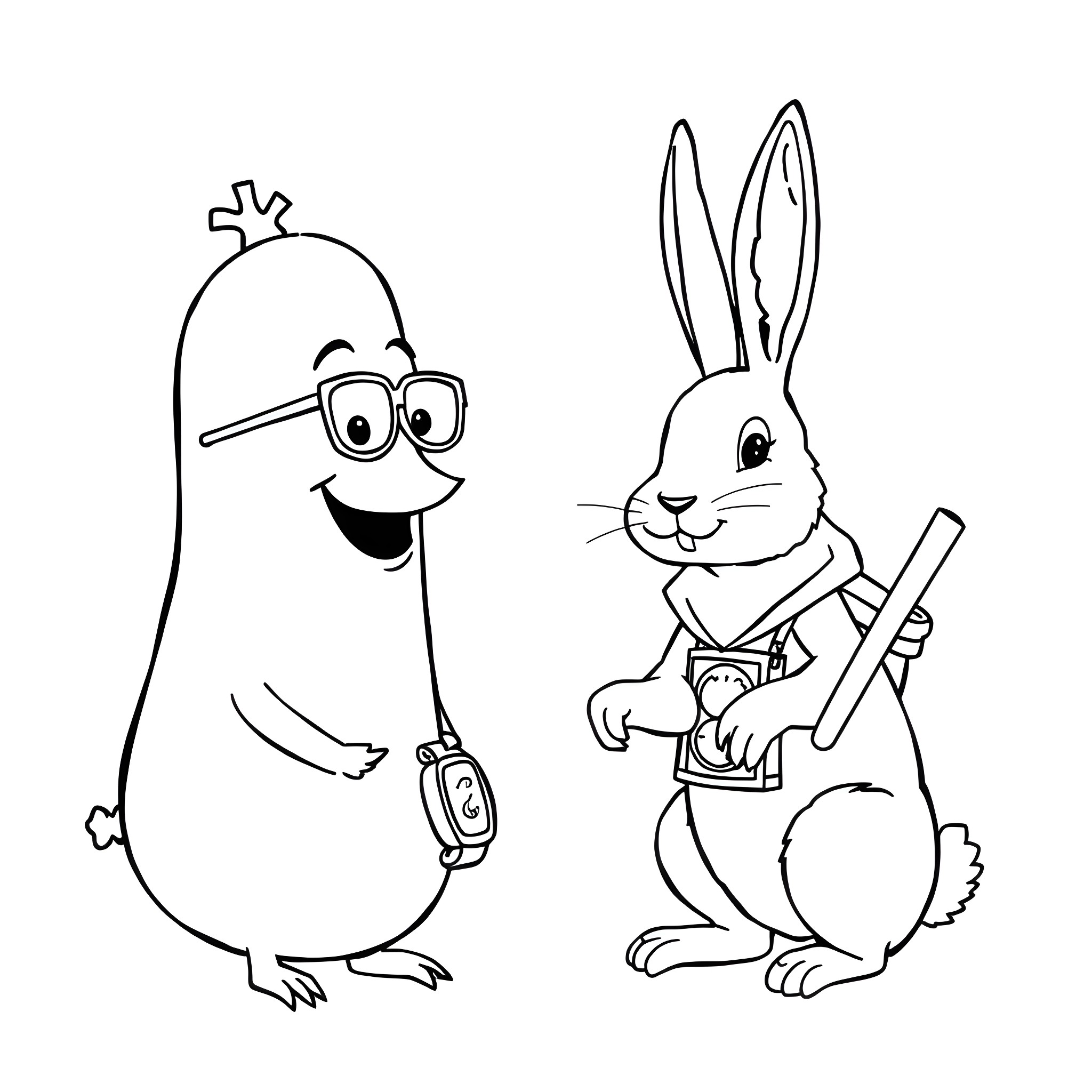 Sausage and bunny in comical poses Coloring Page (free black-and-white line drawing printable PDF for all, from beginners to advanced learners, including children, teens, adults, and seniors)
