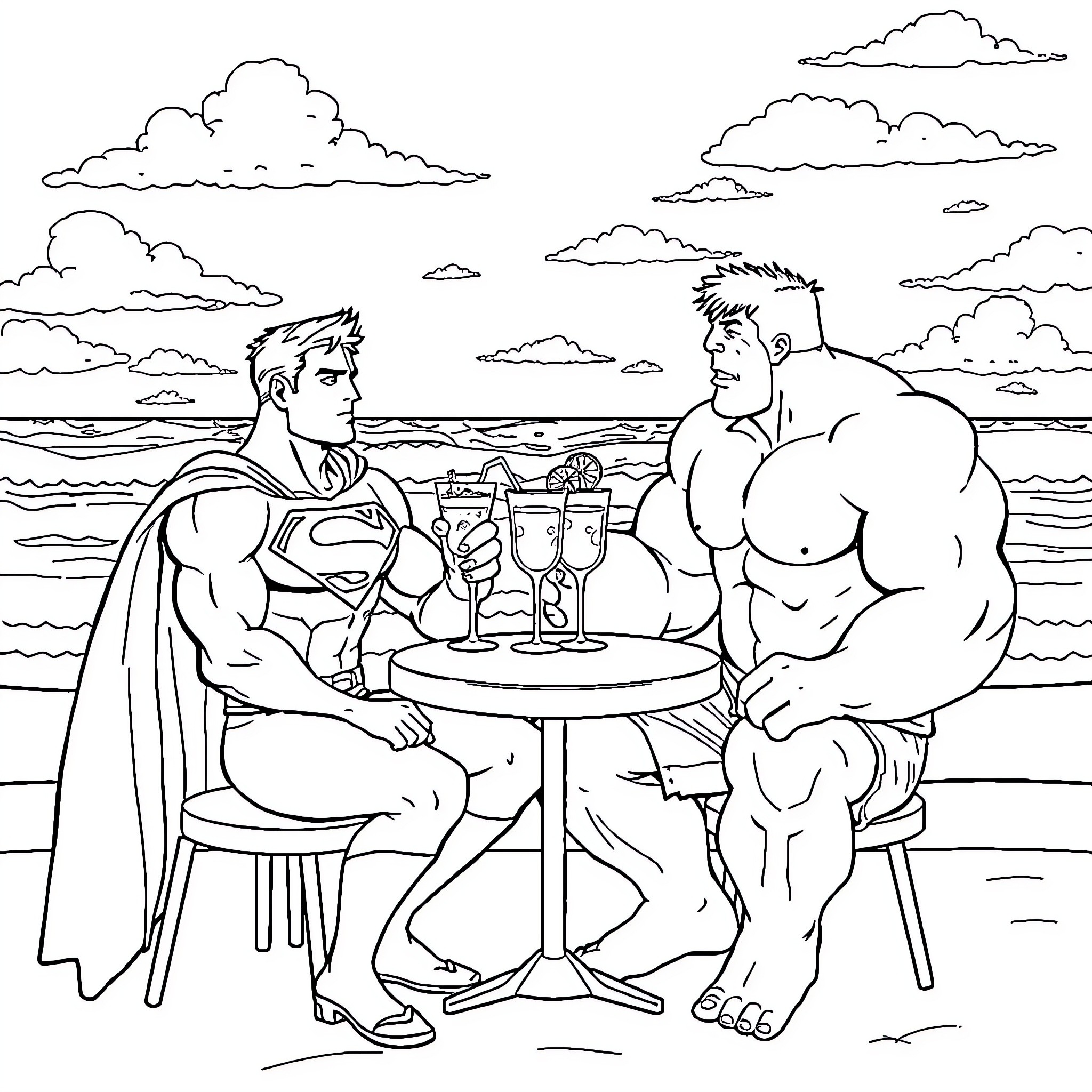 Superman and Hulk enjoying drinks by the beach Coloring Page (free black-and-white line drawing printable PDF for all, from beginners to advanced learners, including children, teens, adults, and seniors)