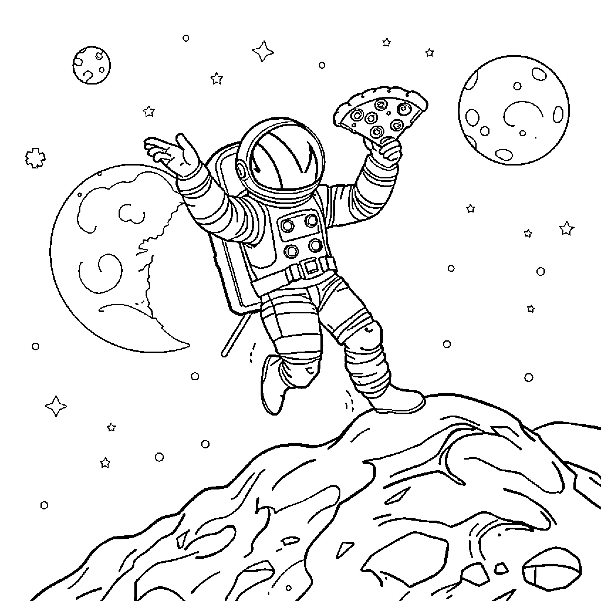 Space Man exploring the moon and stars Coloring Page (free black-and-white line drawing printable PDF for all, from beginners to advanced learners, including children, teens, adults, and seniors)