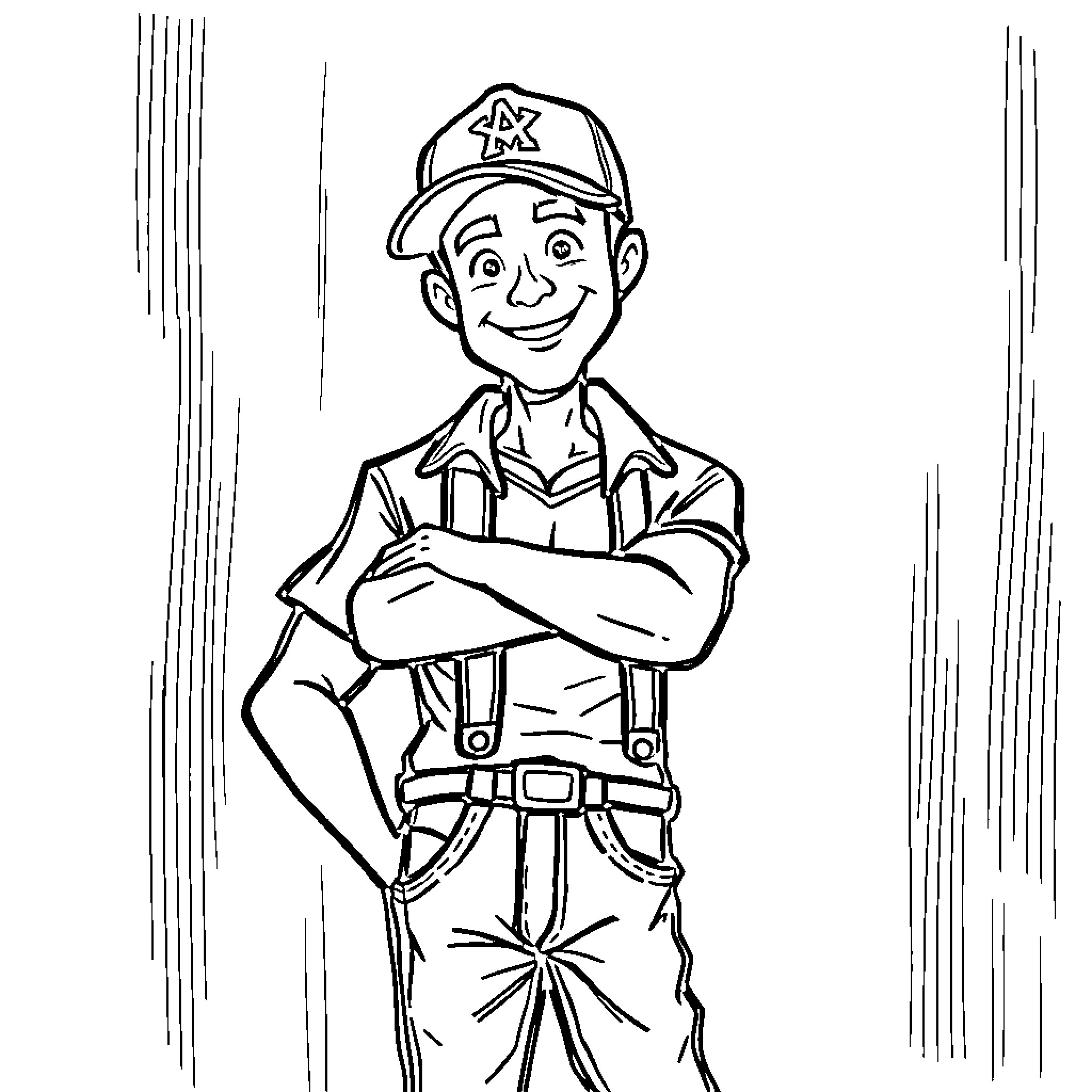American Guy in Uniform with Friendly Expression Coloring Page (free black-and-white line drawing printable PDF for all, from beginners to advanced learners, including children, teens, adults, and seniors)