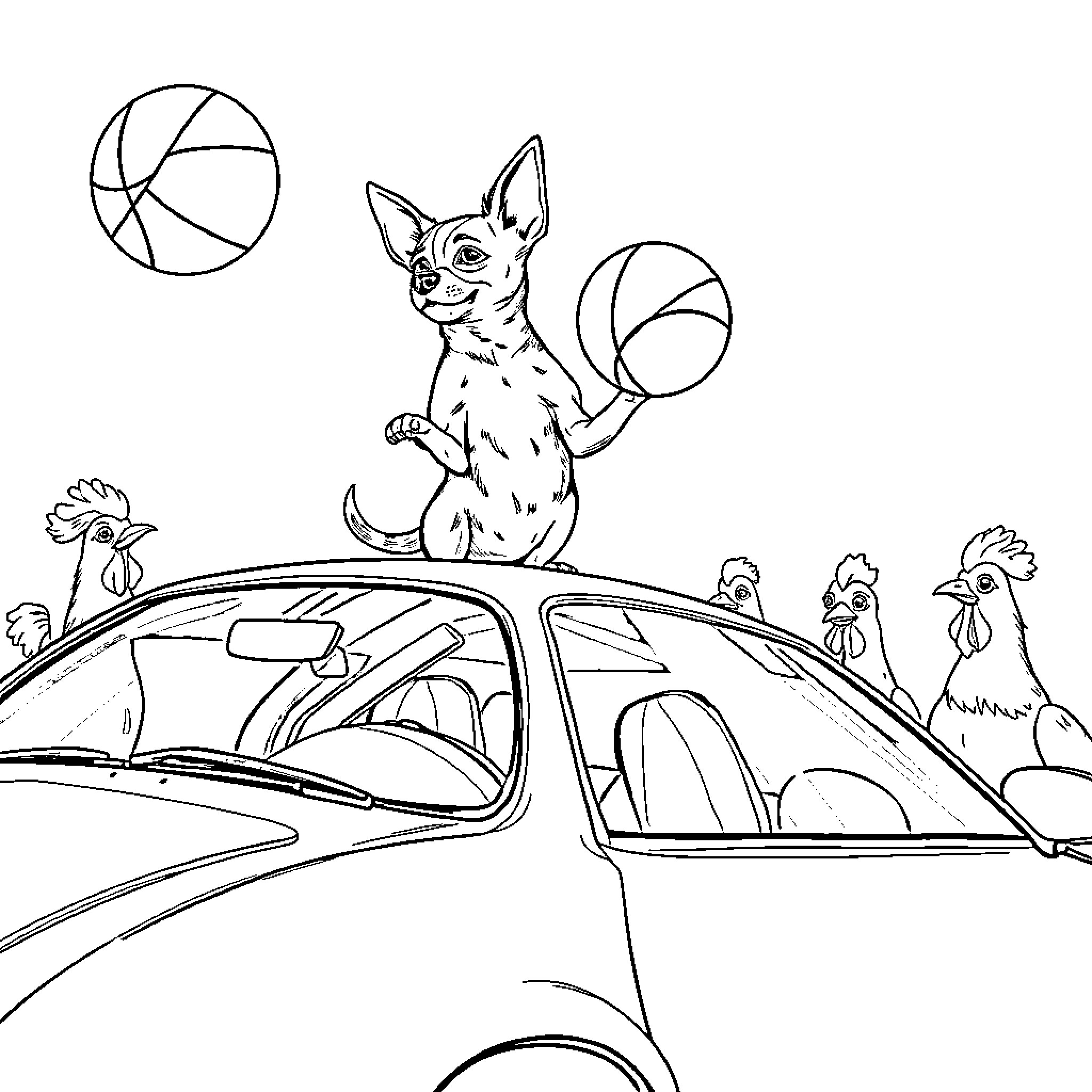 Chihuahua playing joyfully with balls on car Coloring Page (free black-and-white line drawing printable PDF for all, from beginners to advanced learners, including children, teens, adults, and seniors)