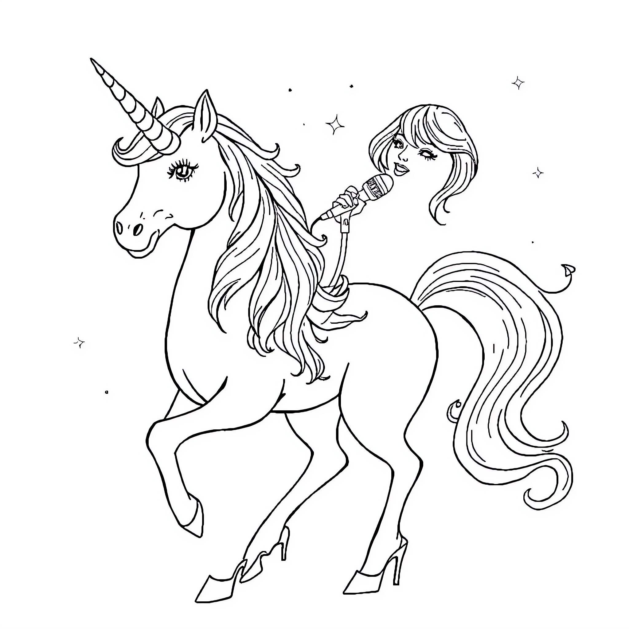 Taylor Swift singing to a unicorn with sparkles Coloring Page (free black-and-white line drawing printable PDF for all, from beginners to advanced learners, including children, teens, adults, and seniors)