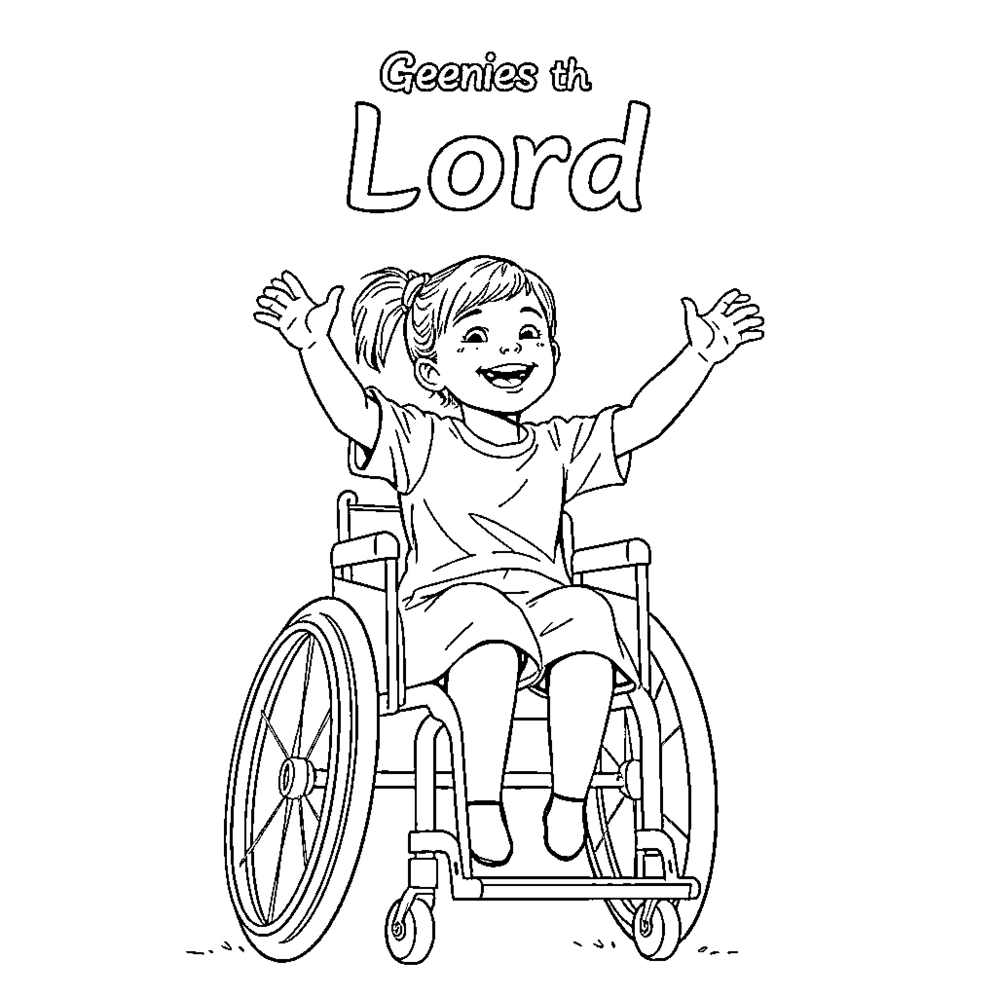 Girl in wheelchair praising the Lord Coloring Page (free black-and-white line drawing printable PDF for all, from beginners to advanced learners, including children, teens, adults, and seniors)