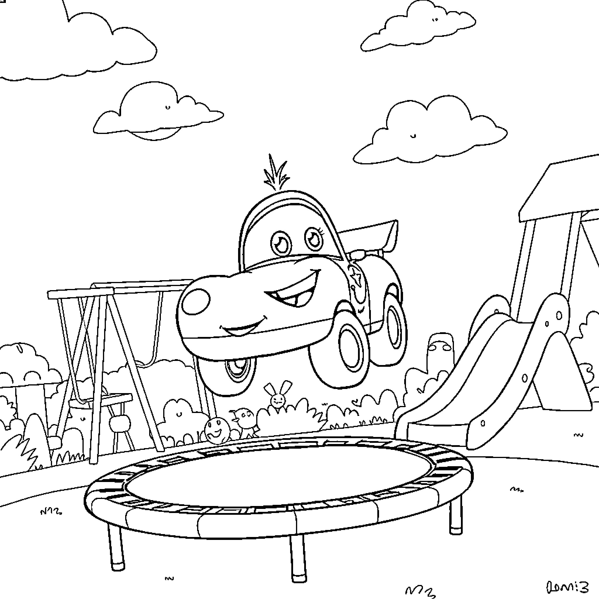 Chick Hicks enjoying a playful day at the park Coloring Page (free black-and-white line drawing printable PDF for all, from beginners to advanced learners, including children, teens, adults, and seniors)