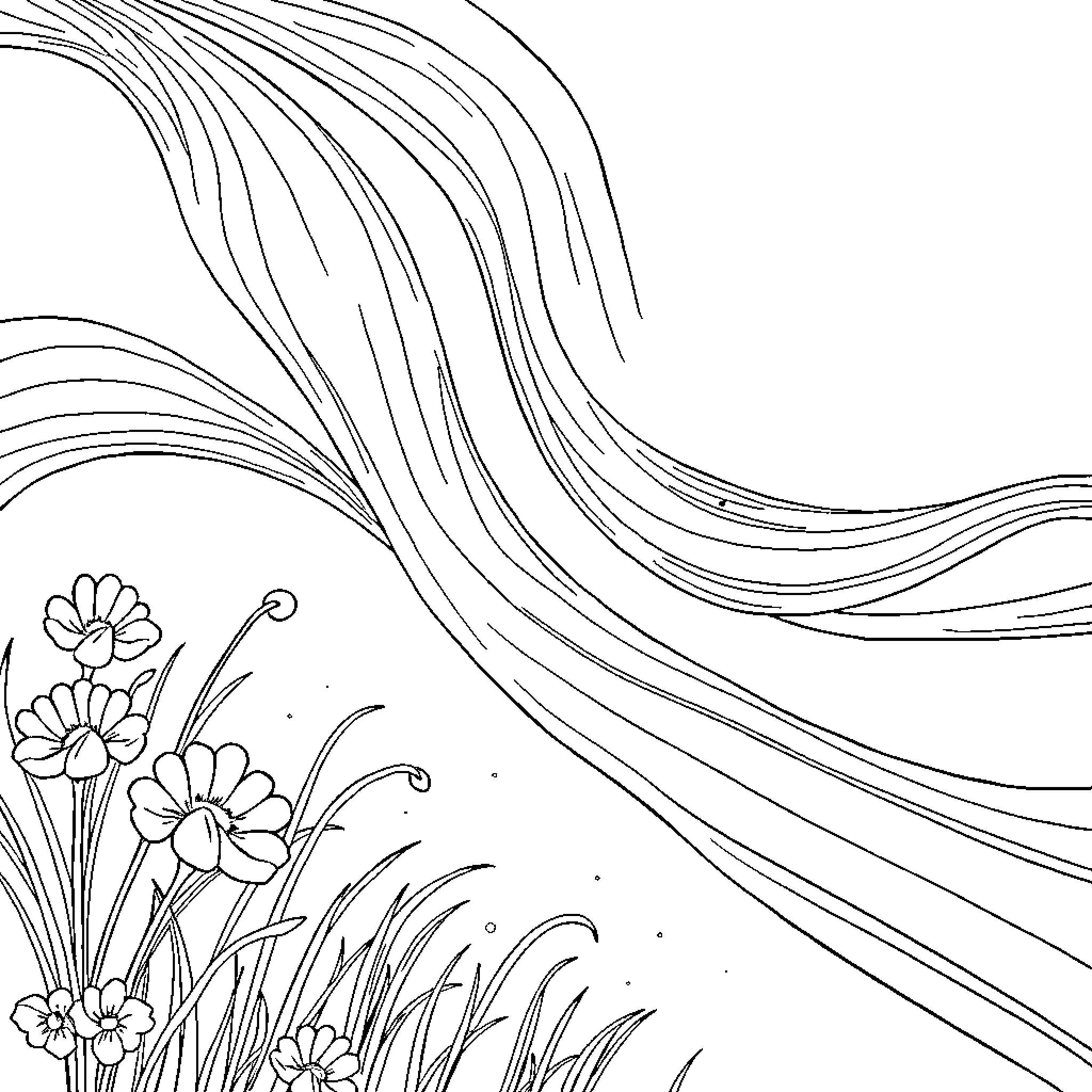 NU Flowing Floral Design with Graceful Lines Coloring Page (free black-and-white line drawing printable PDF for all, from beginners to advanced learners, including children, teens, adults, and seniors)