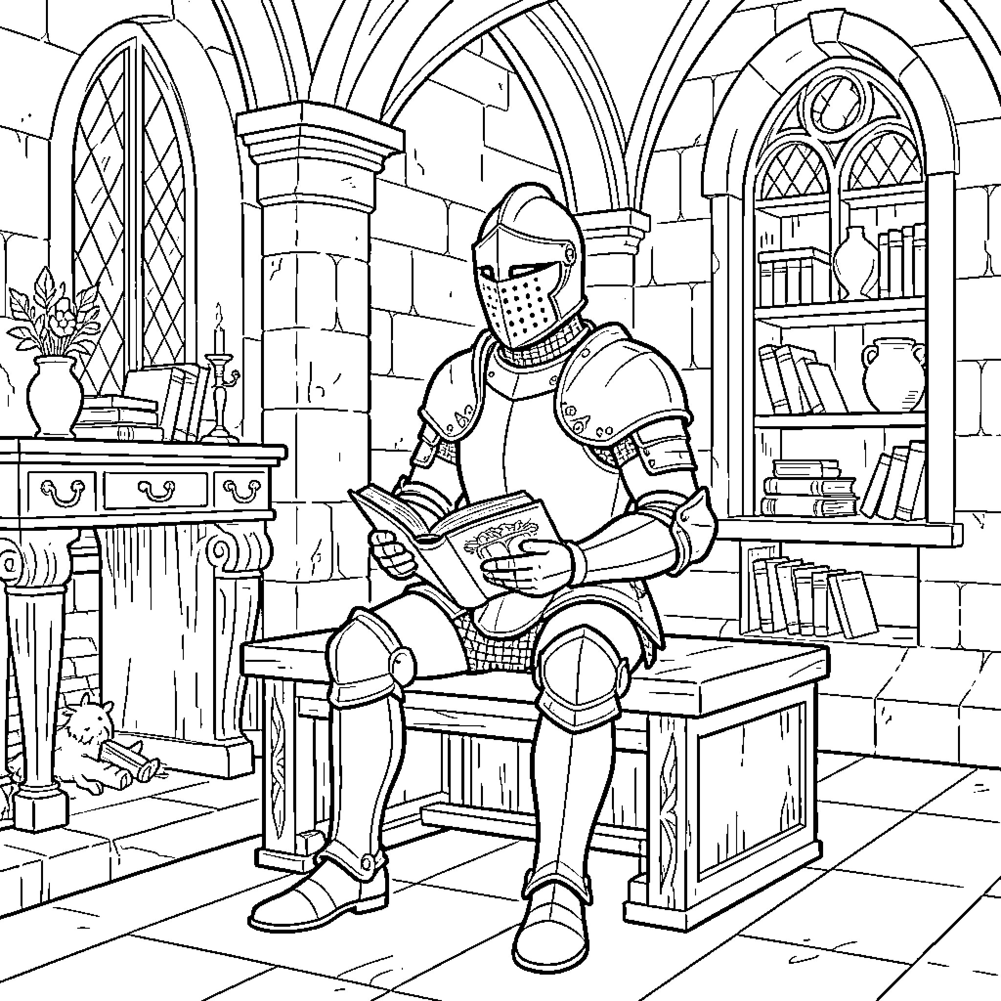 Knight in full armor reading a book Coloring Page (free black-and-white line drawing printable PDF for all, from beginners to advanced learners, including children, teens, adults, and seniors)
