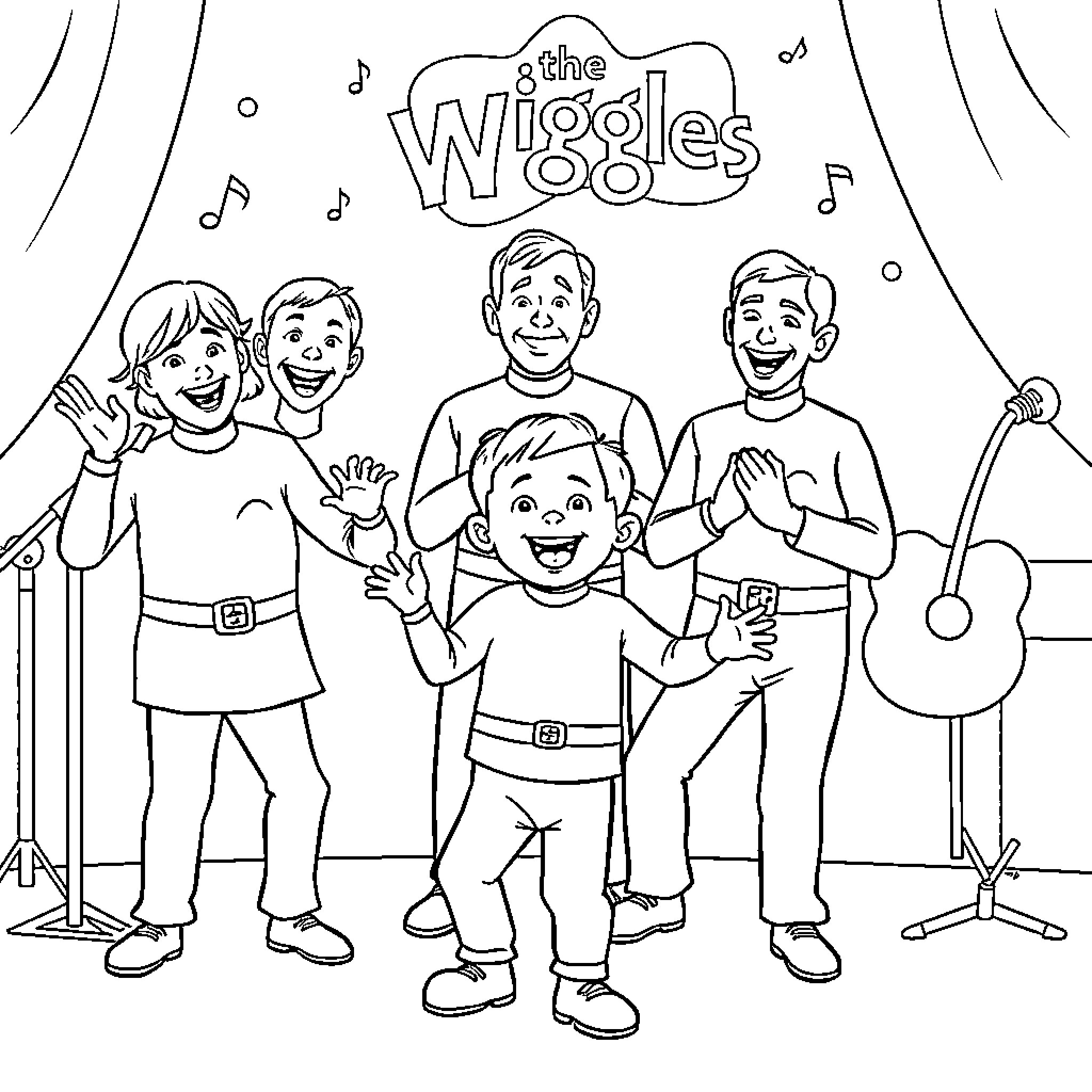 Wiggles perform on stage with musical instruments Coloring Page (free black-and-white line drawing printable PDF for all, from beginners to advanced learners, including children, teens, adults, and seniors)