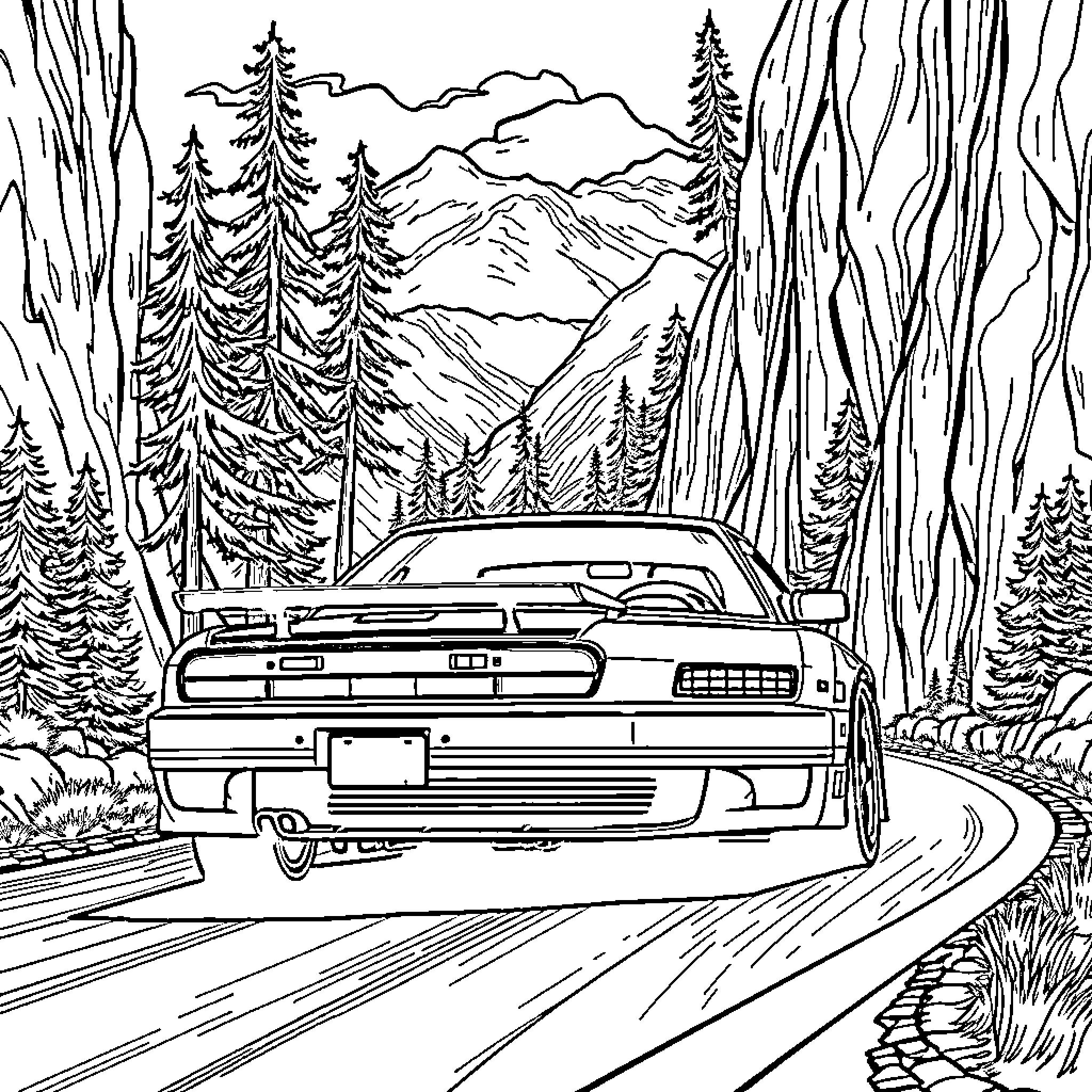 240sx speeding through the winding mountain road Coloring Page (free black-and-white line drawing printable PDF for all, from beginners to advanced learners, including children, teens, adults, and seniors)