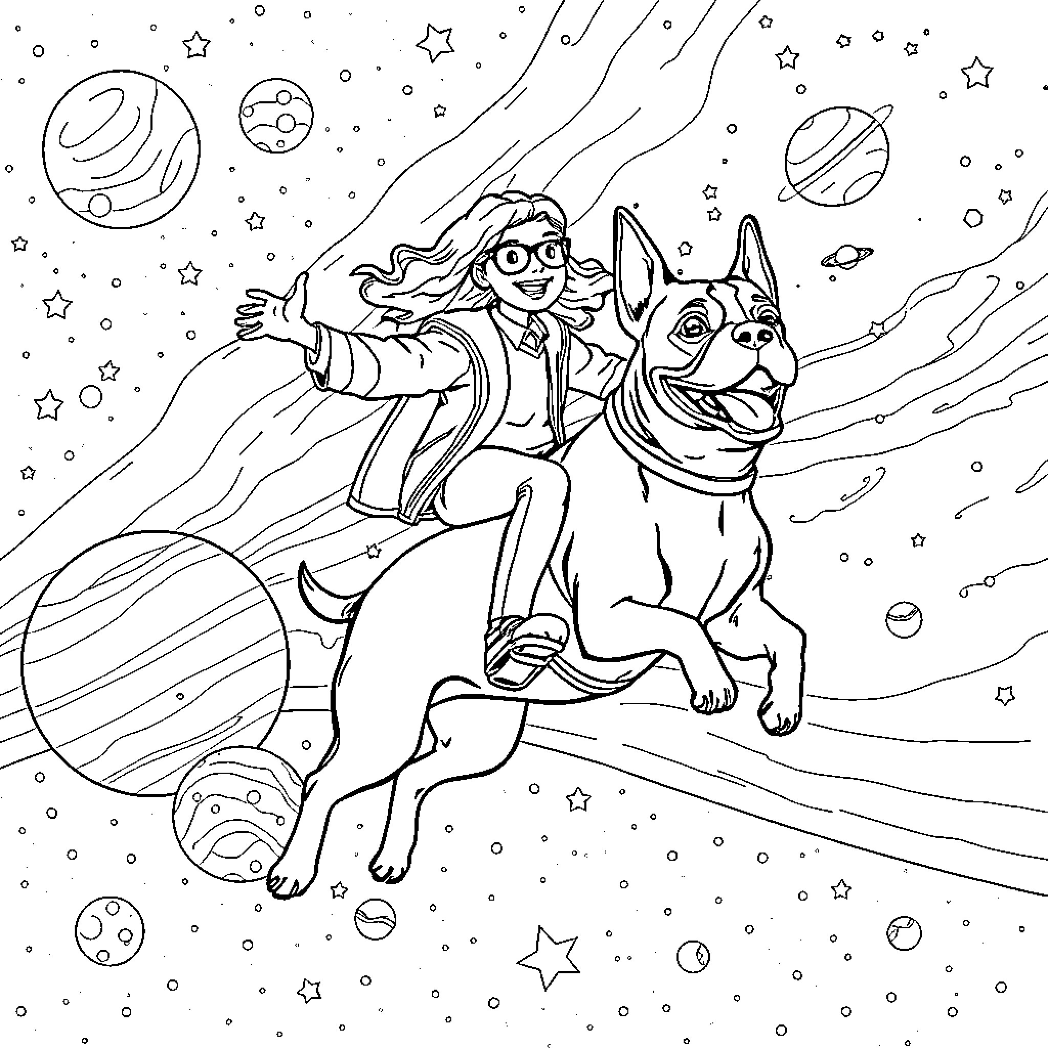 Student riding a dog through the cosmos Coloring Page (free black-and-white line drawing printable PDF for all, from beginners to advanced learners, including children, teens, adults, and seniors)