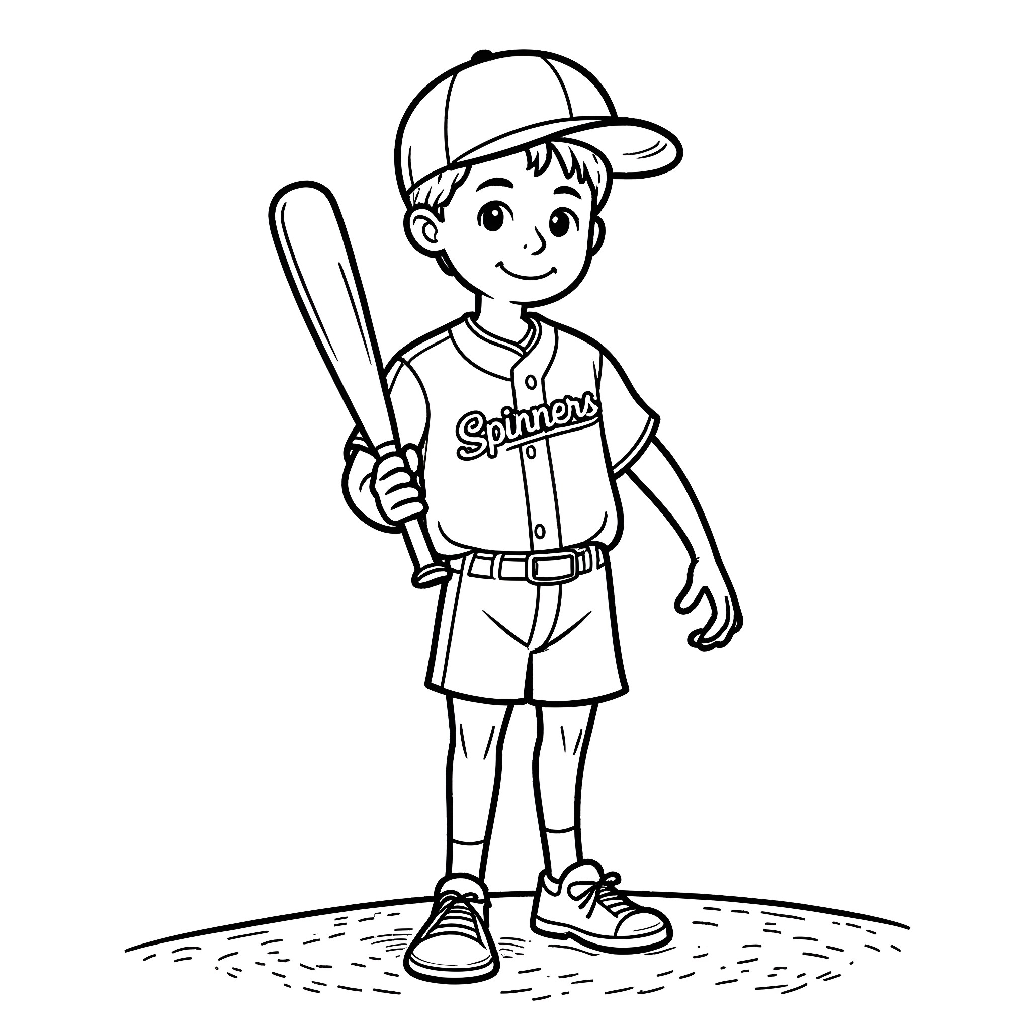 T-Ball Player Holding Baseball Bat with Confident Stance Coloring Page (free black-and-white line drawing printable PDF for all, from beginners to advanced learners, including children, teens, adults, and seniors)