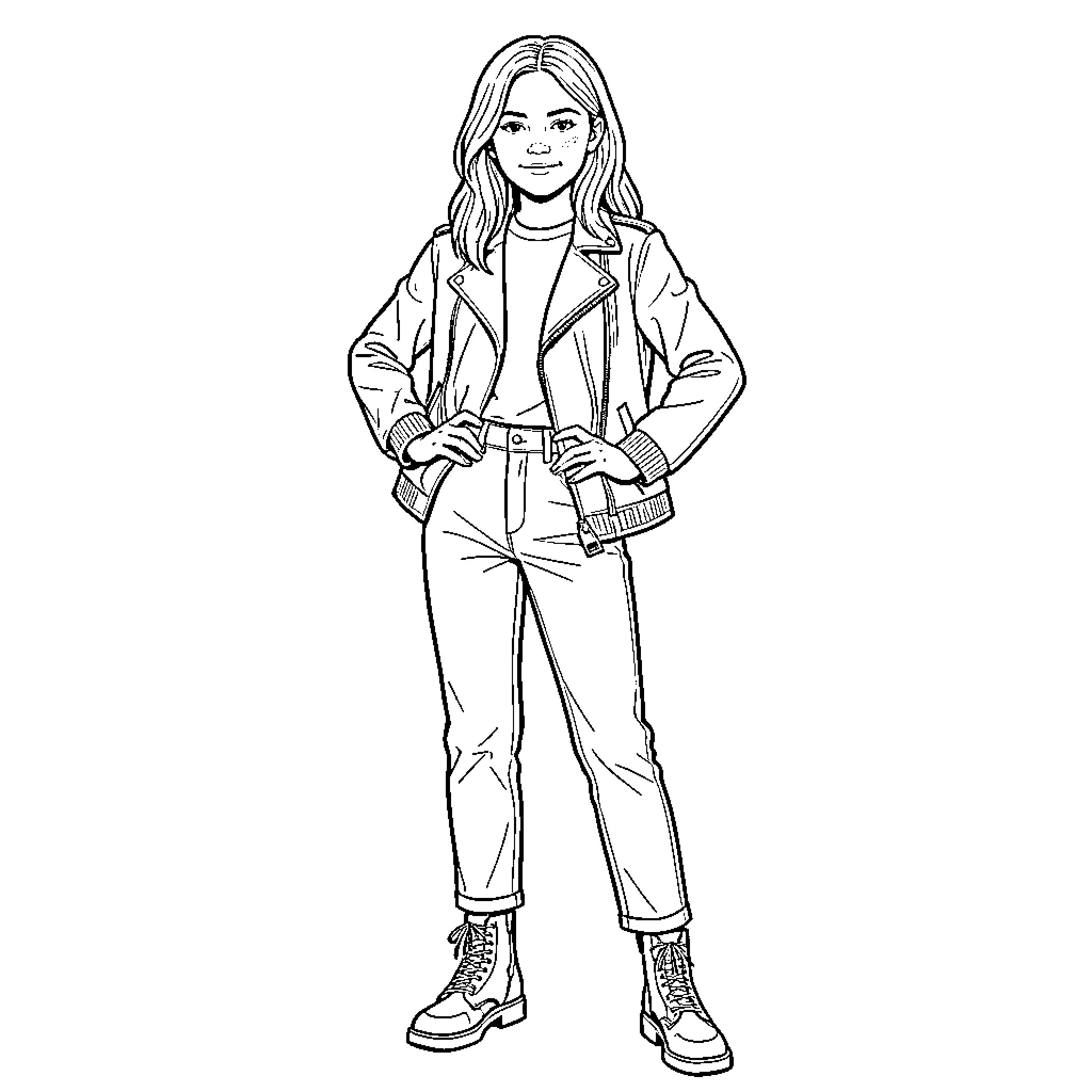 Millie Bobby Brown in casual stylish outfit Coloring Page (free black-and-white line drawing printable PDF for all, from beginners to advanced learners, including children, teens, adults, and seniors)