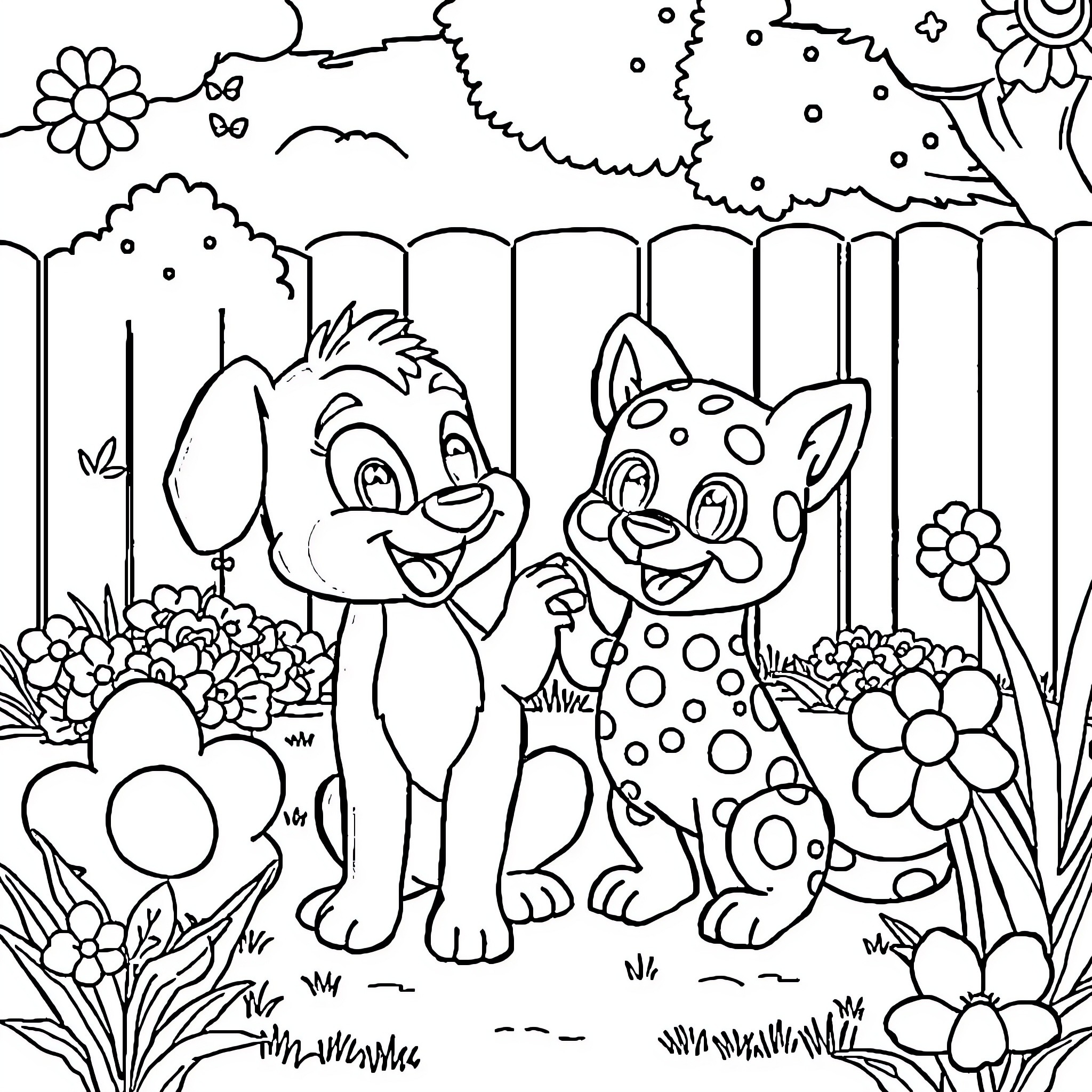 Bluey and Bingo playing happily in a flowery garden Coloring Page (free black-and-white line drawing printable PDF for all, from beginners to advanced learners, including children, teens, adults, and seniors)