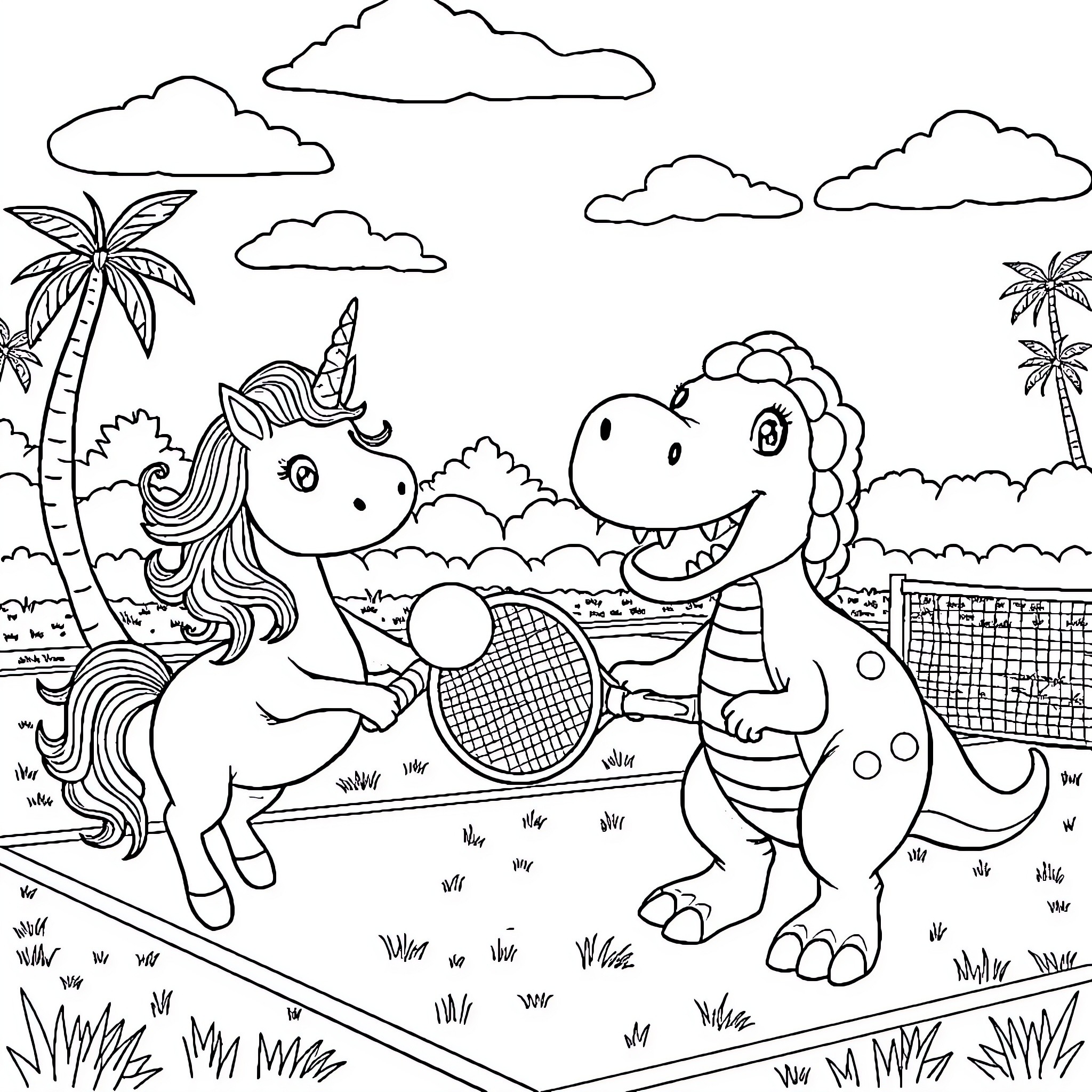 Unicorn and Dinosaur Playing Tennis in a Tropical Paradise Coloring Page (free black-and-white line drawing printable PDF for all, from beginners to advanced learners, including children, teens, adults, and seniors)