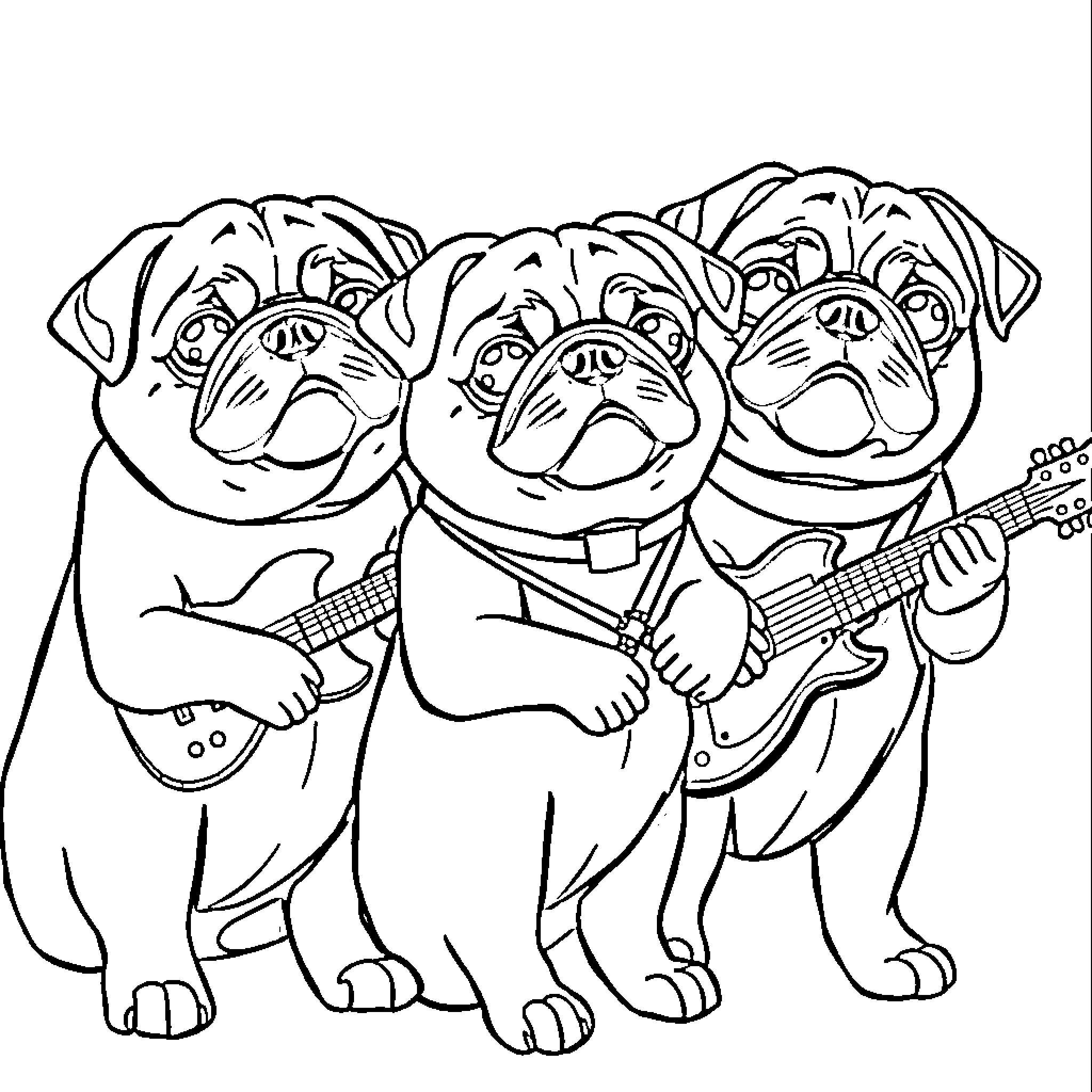 Pug Rock Band Performing on Stage Coloring Page (free black-and-white line drawing printable PDF for all, from beginners to advanced learners, including children, teens, adults, and seniors)