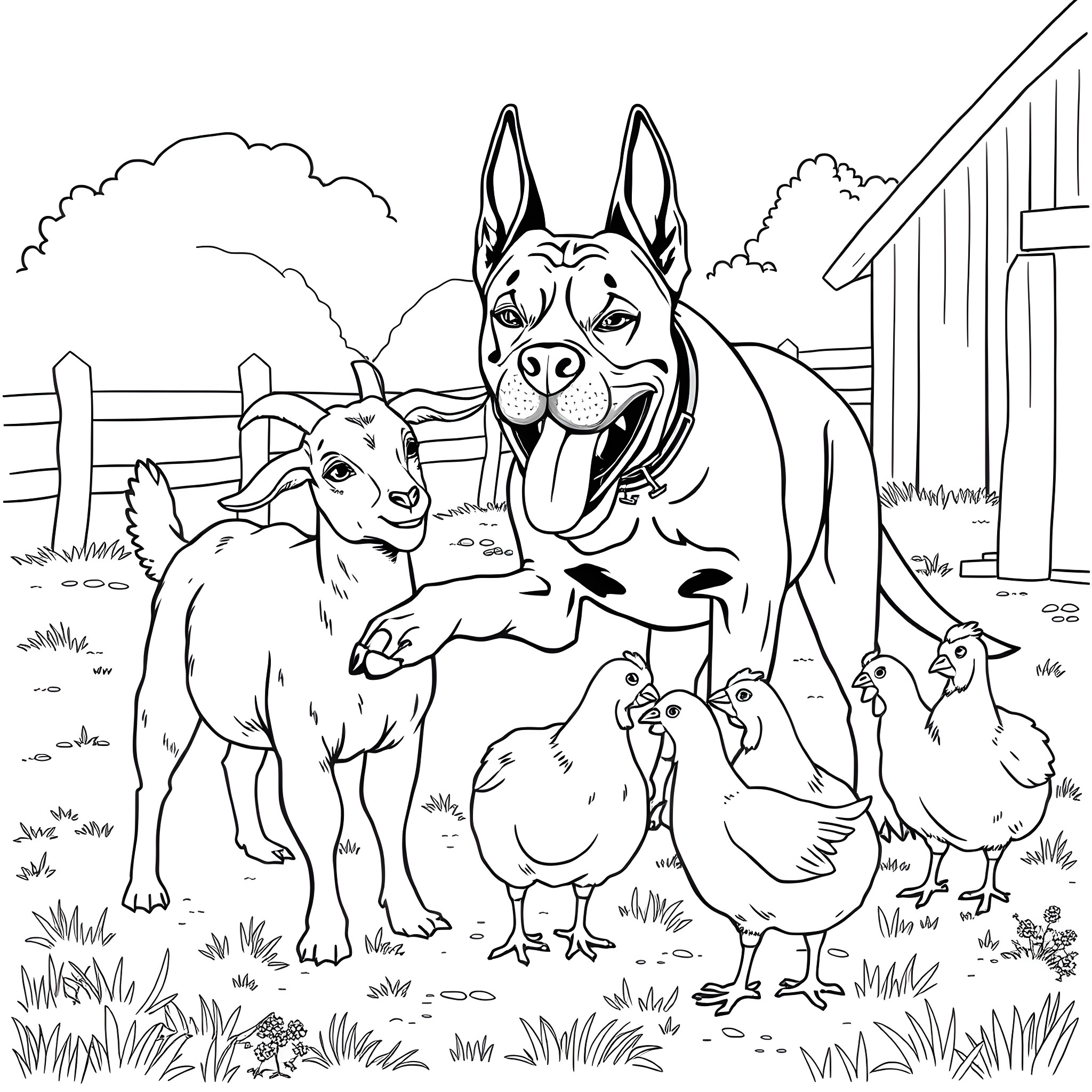 Dog and farm animals at the countryside Coloring Page (free black-and-white line drawing printable PDF for all, from beginners to advanced learners, including children, teens, adults, and seniors)