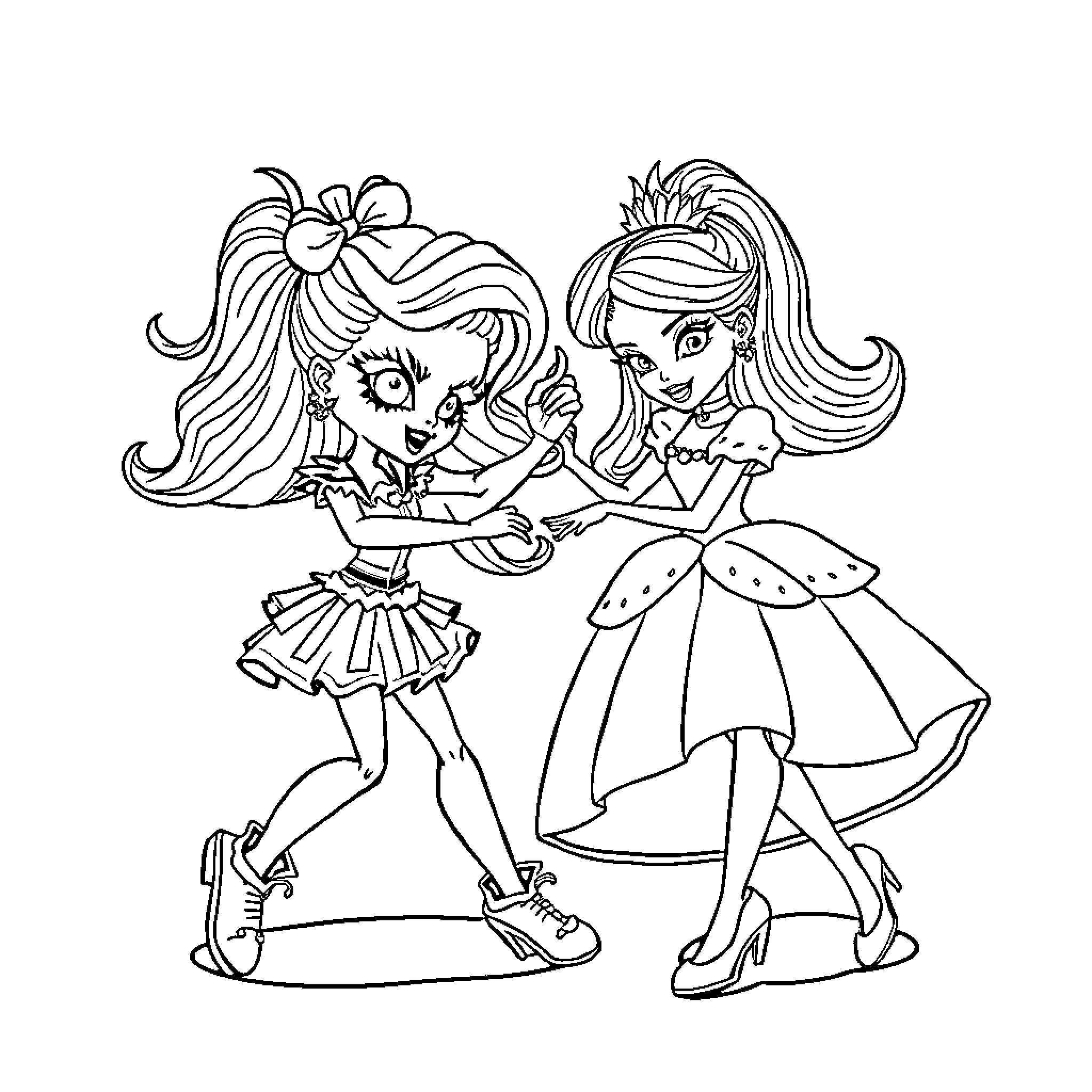 Doll friends dancing and having fun Coloring Page (free black-and-white line drawing printable PDF for all, from beginners to advanced learners, including children, teens, adults, and seniors)