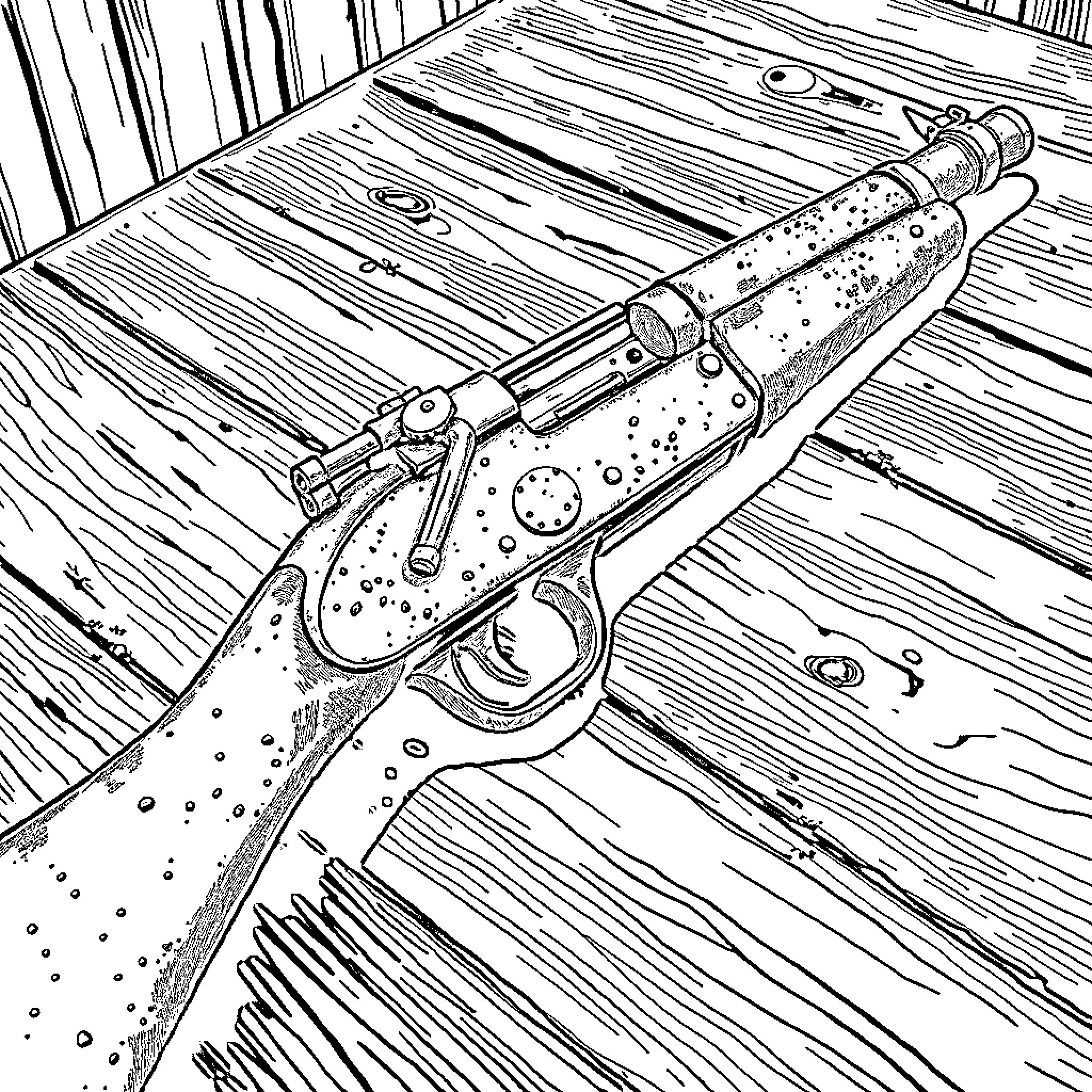 Machine Gun Resting on Wooden Surface Coloring Page (free black-and-white line drawing printable PDF for all, from beginners to advanced learners, including children, teens, adults, and seniors)