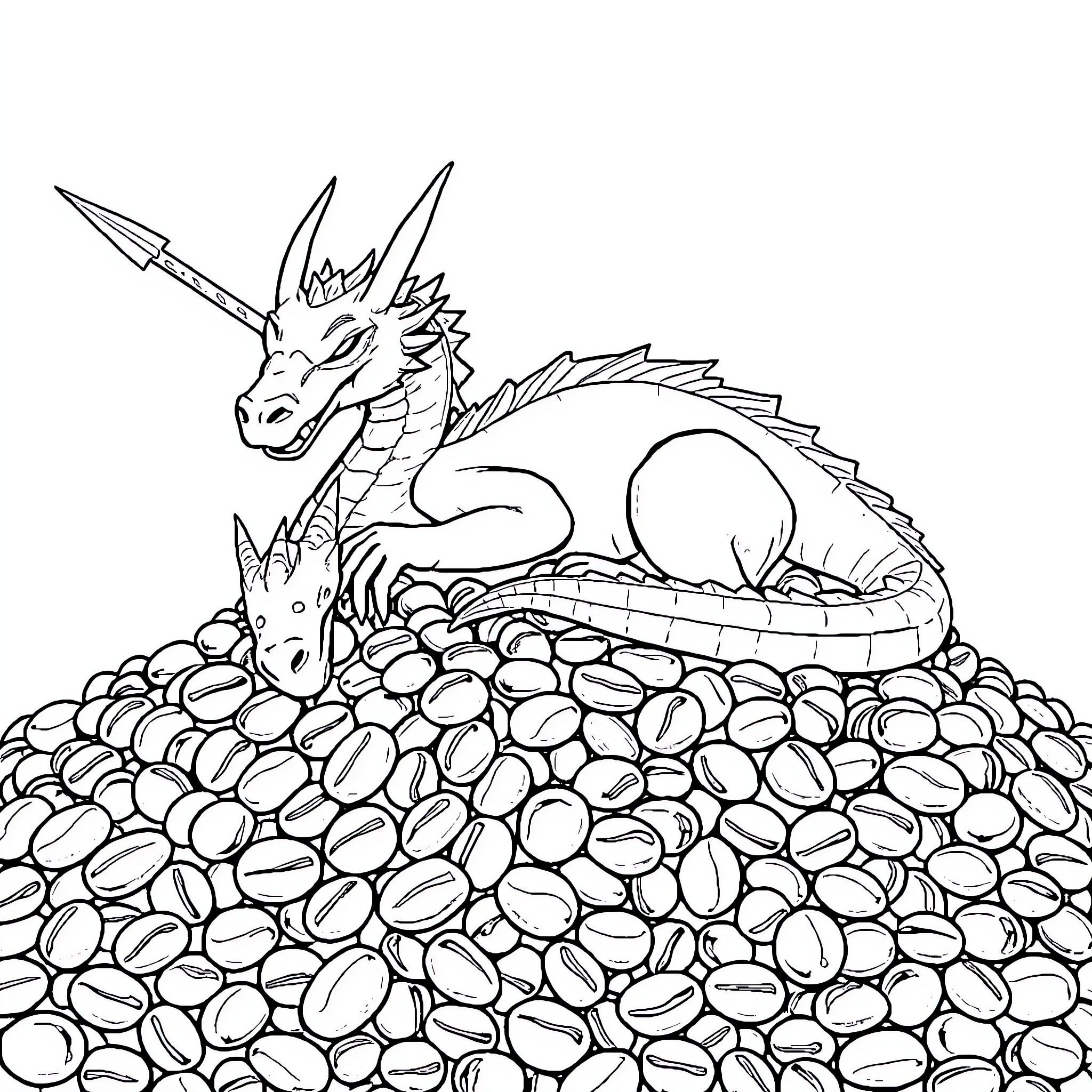 Dragon guarding a hoard of precious stones Coloring Page (free black-and-white line drawing printable PDF for all, from beginners to advanced learners, including children, teens, adults, and seniors)