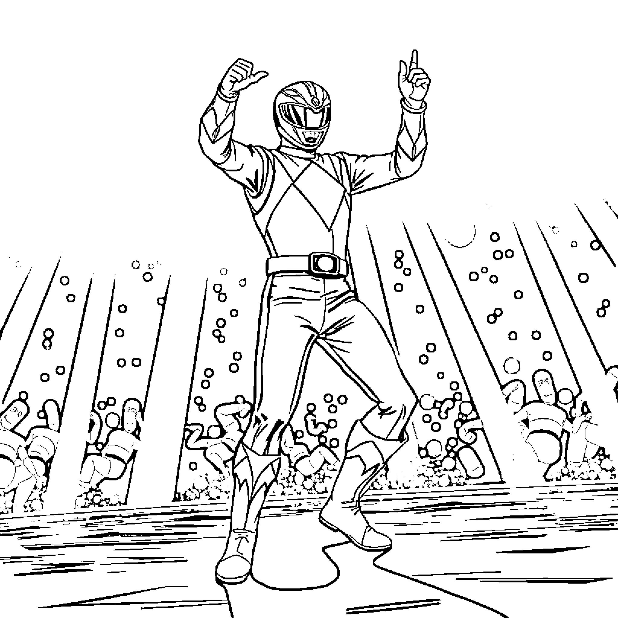 Power Ranger Triumphant in Action Coloring Page (free black-and-white line drawing printable PDF for all, from beginners to advanced learners, including children, teens, adults, and seniors)