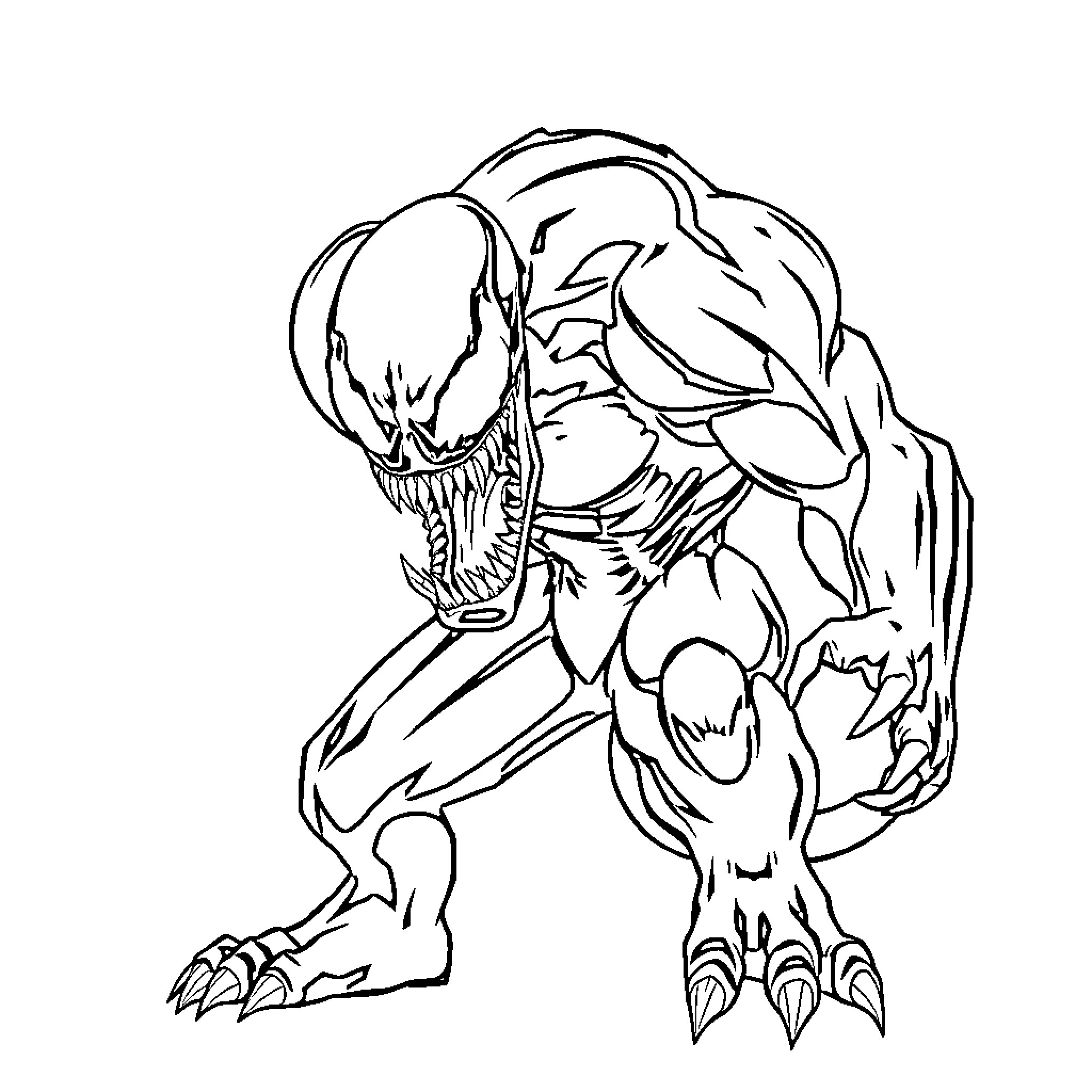 Venom character in ferocious attack stance Coloring Page (free black-and-white line drawing printable PDF for all, from beginners to advanced learners, including children, teens, adults, and seniors)