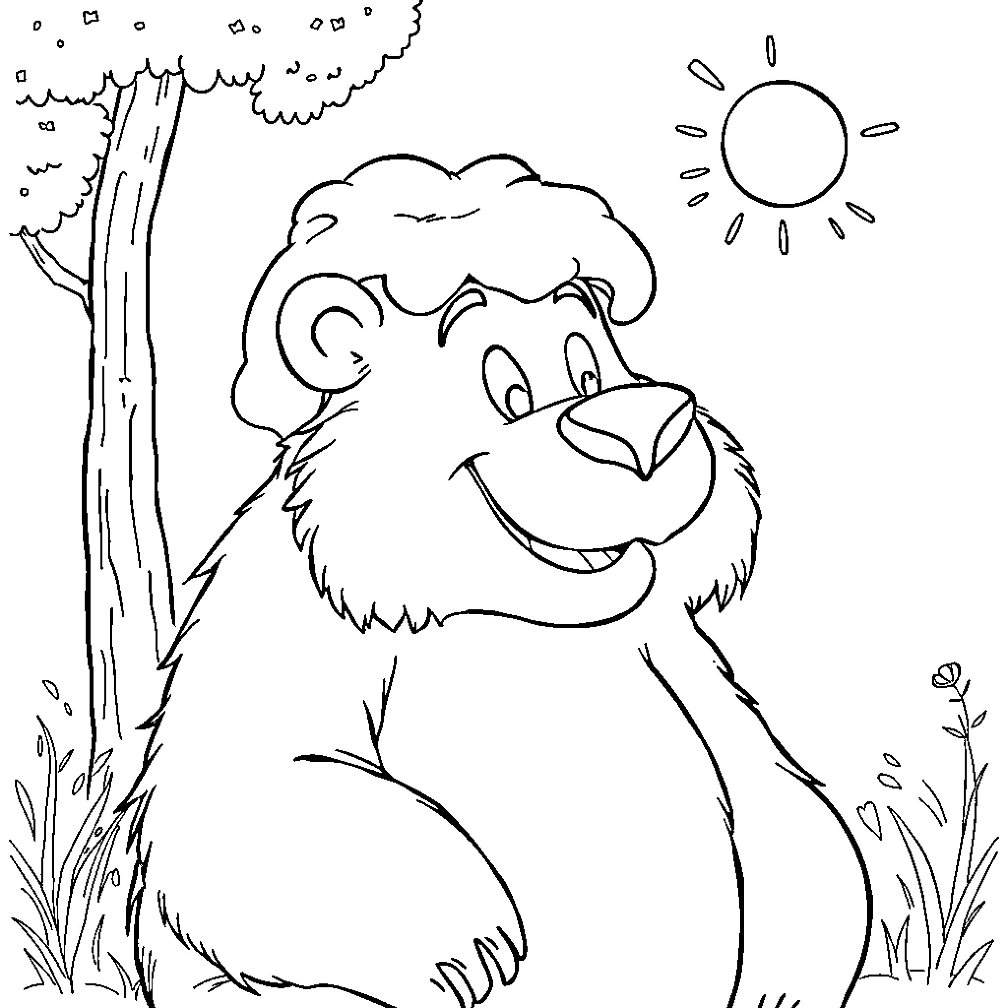 Baloo's Outdoor Adventure Coloring Page (free black-and-white line drawing printable PDF for all, from beginners to advanced learners, including children, teens, adults, and seniors)