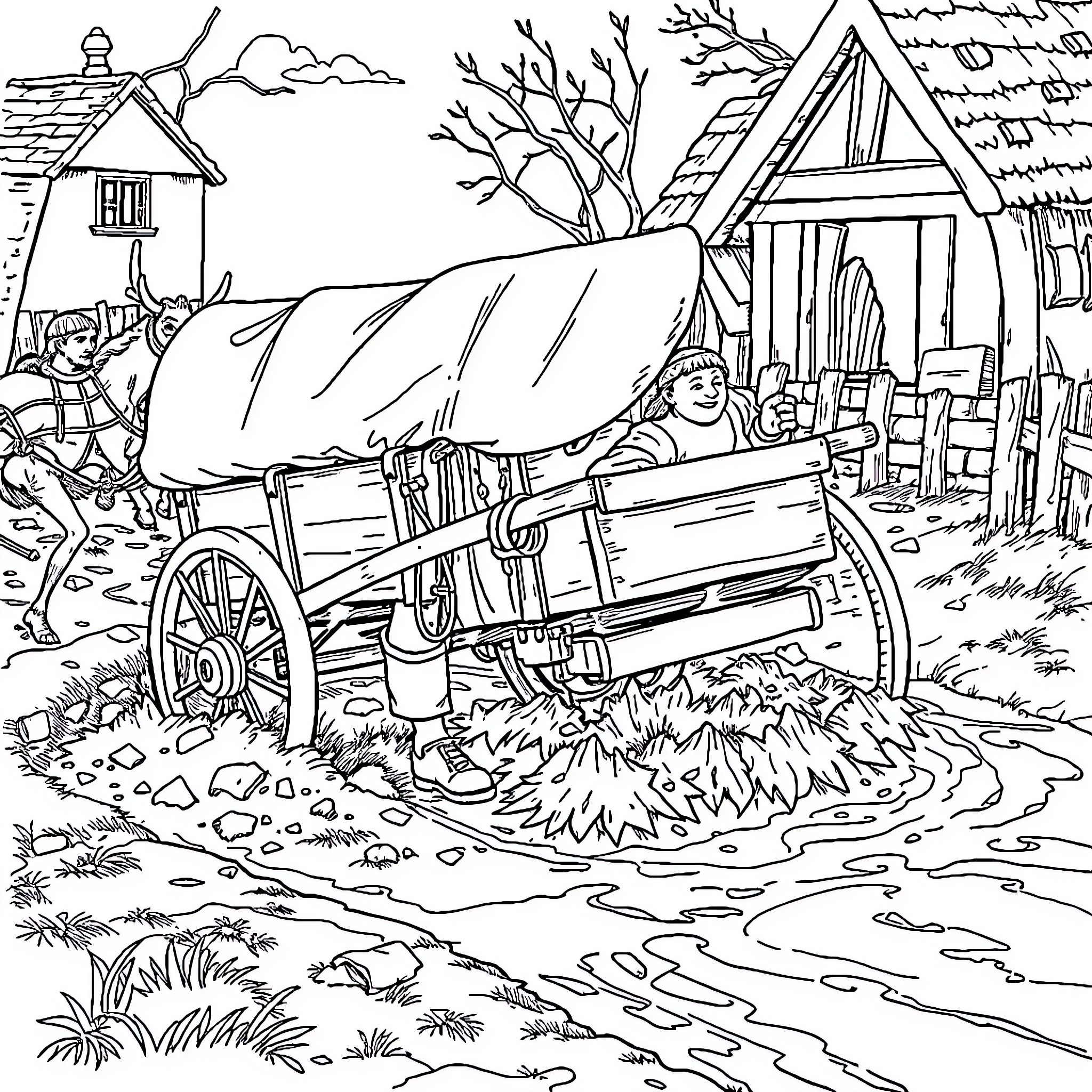 Merchant transporting goods in rural village Coloring Page (free black-and-white line drawing printable PDF for all, from beginners to advanced learners, including children, teens, adults, and seniors)
