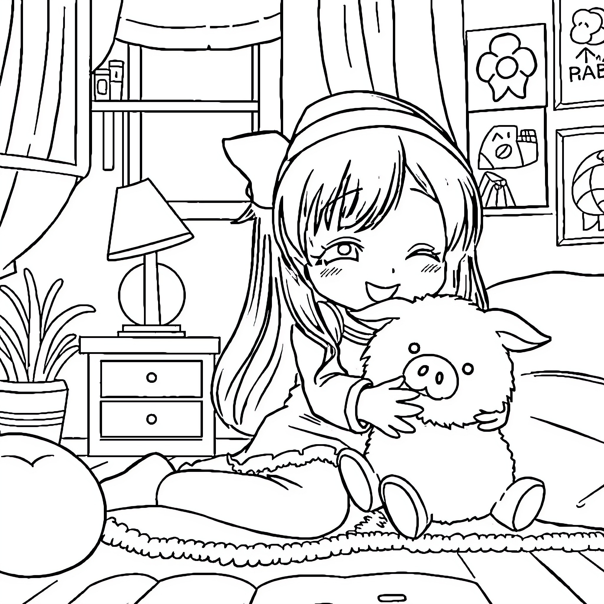 Kuromi's Cozy Retreat with Furry Companion Coloring Page (free black-and-white line drawing printable PDF for all, from beginners to advanced learners, including children, teens, adults, and seniors)