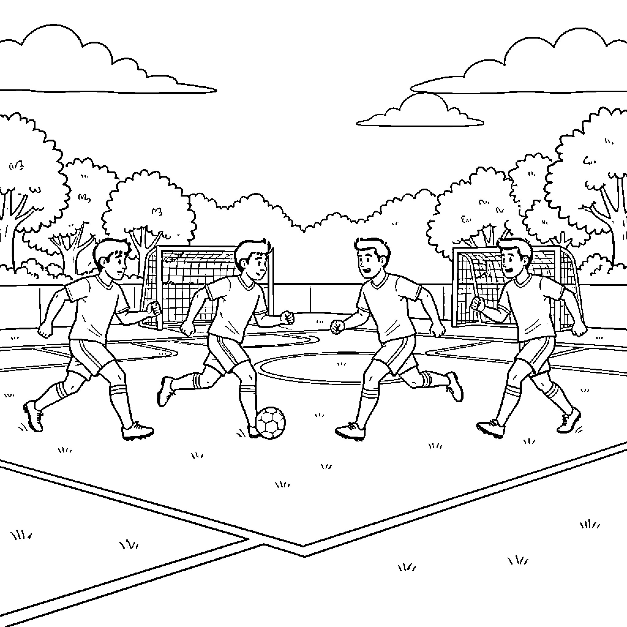 Futbol players competing on the field Coloring Page (free black-and-white line drawing printable PDF for all, from beginners to advanced learners, including children, teens, adults, and seniors)