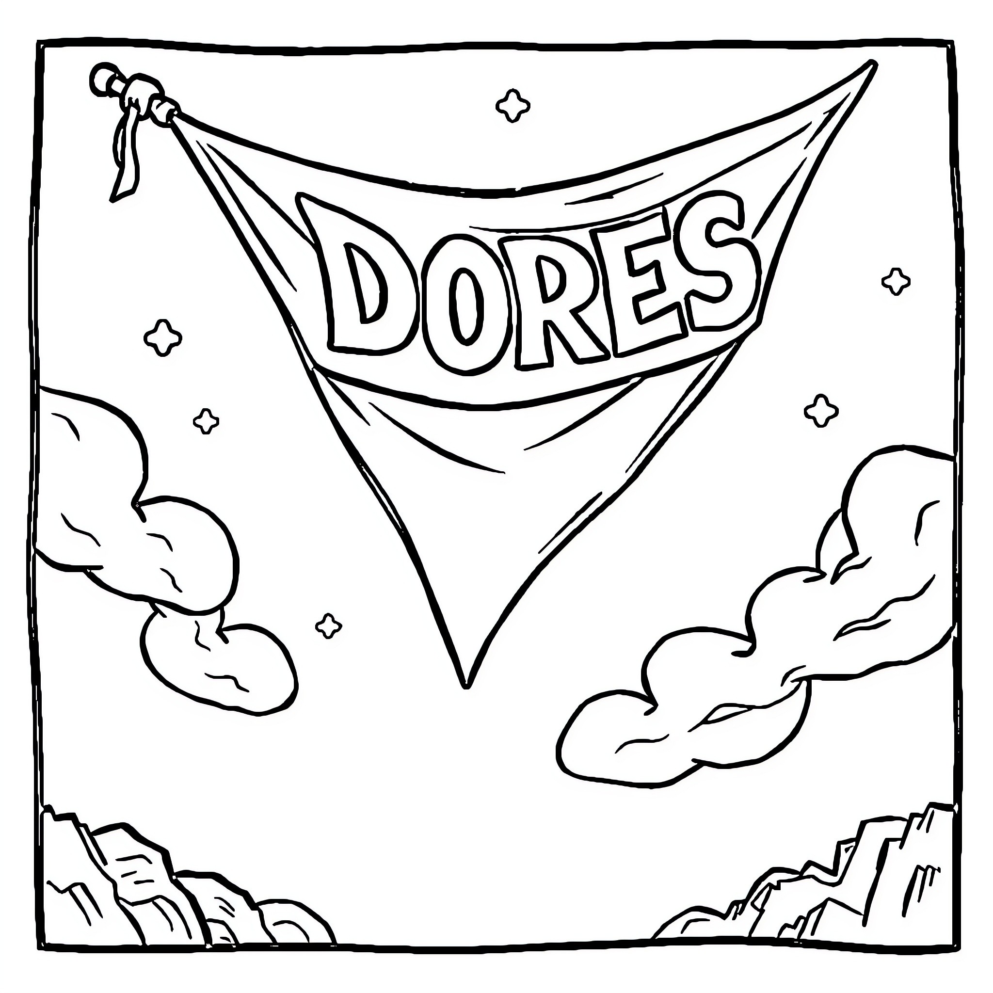 Flag celebrating the Dores with clouds and stars Coloring Page (free black-and-white line drawing printable PDF for all, from beginners to advanced learners, including children, teens, adults, and seniors)