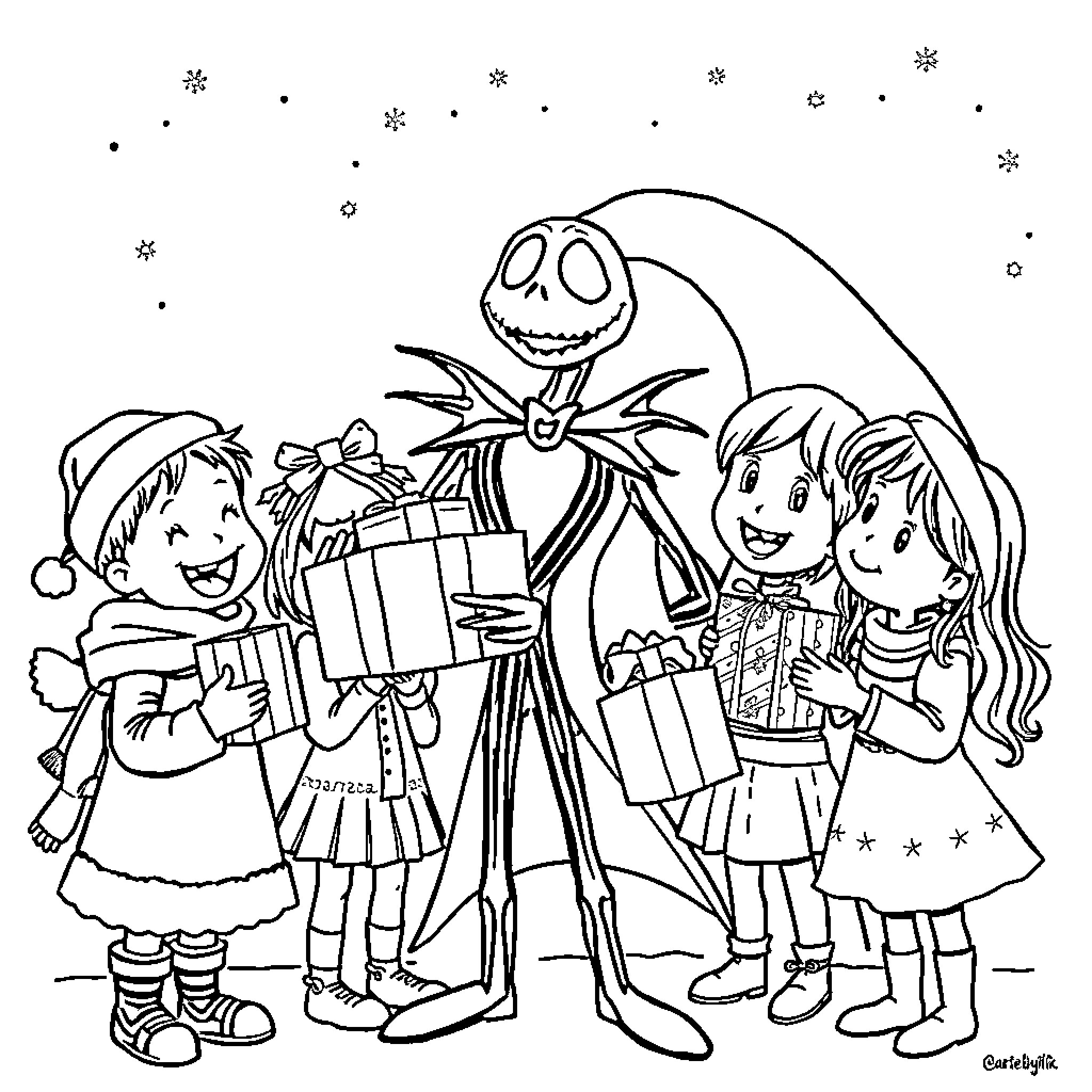 Jack Skellington and children celebrate with gifts Coloring Page (free black-and-white line drawing printable PDF for all, from beginners to advanced learners, including children, teens, adults, and seniors)