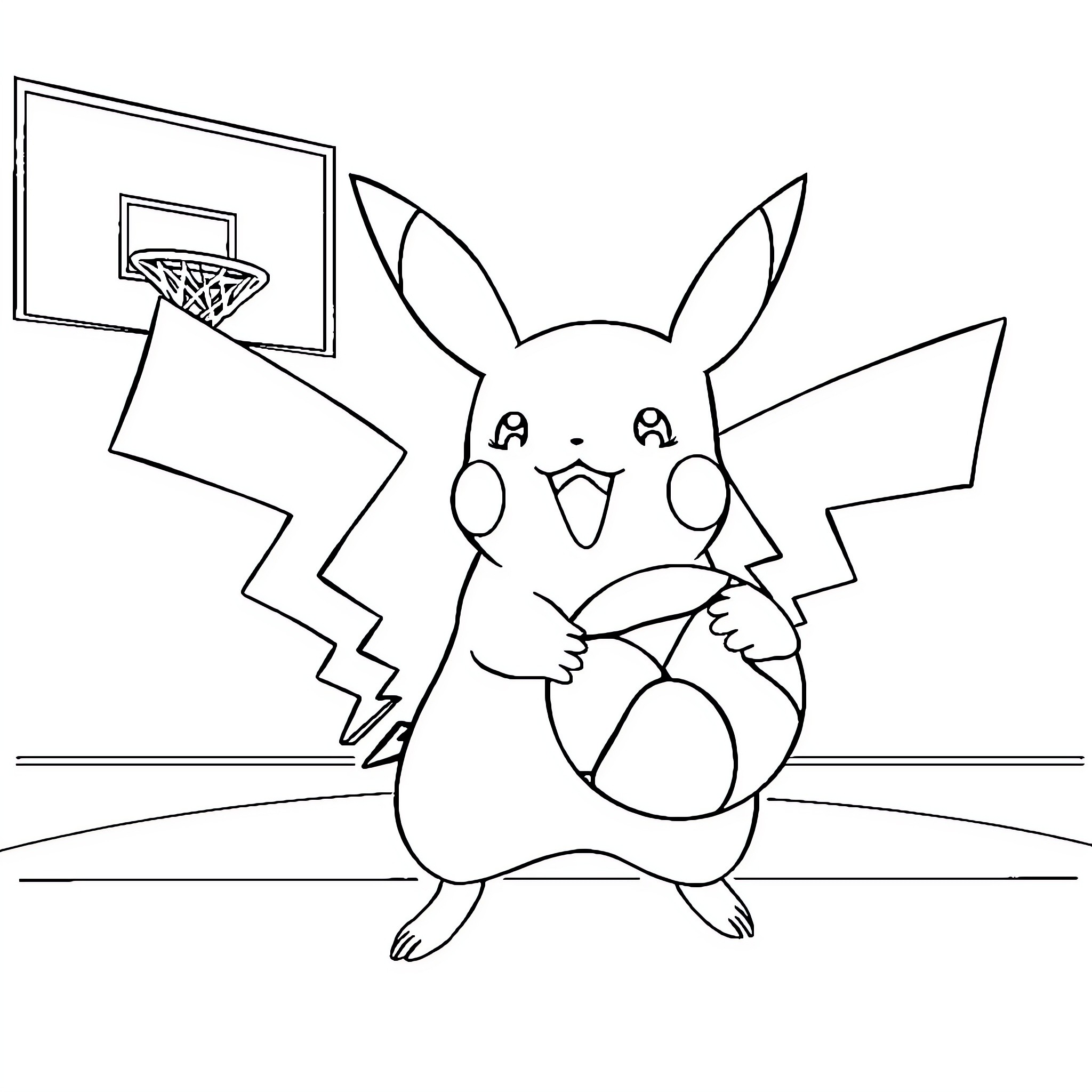 Pikachu playing with basketball in the court Coloring Page (free black-and-white line drawing printable PDF for all, from beginners to advanced learners, including children, teens, adults, and seniors)