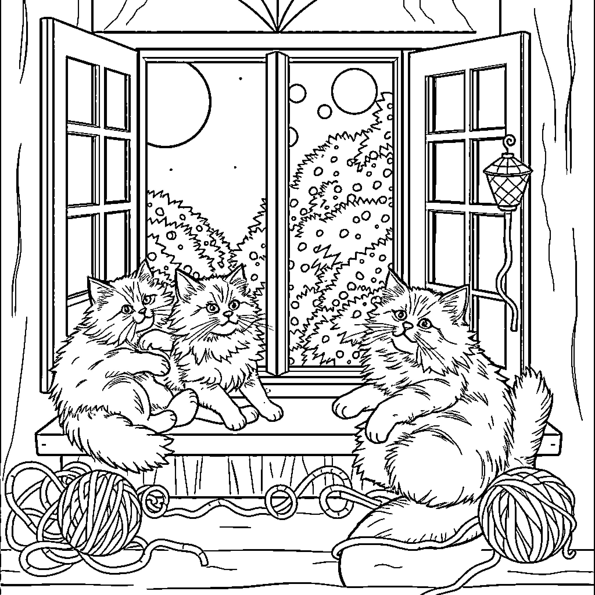 Cats Watching Snow Falling Through Window Coloring Page (free black-and-white line drawing printable PDF for all, from beginners to advanced learners, including children, teens, adults, and seniors)