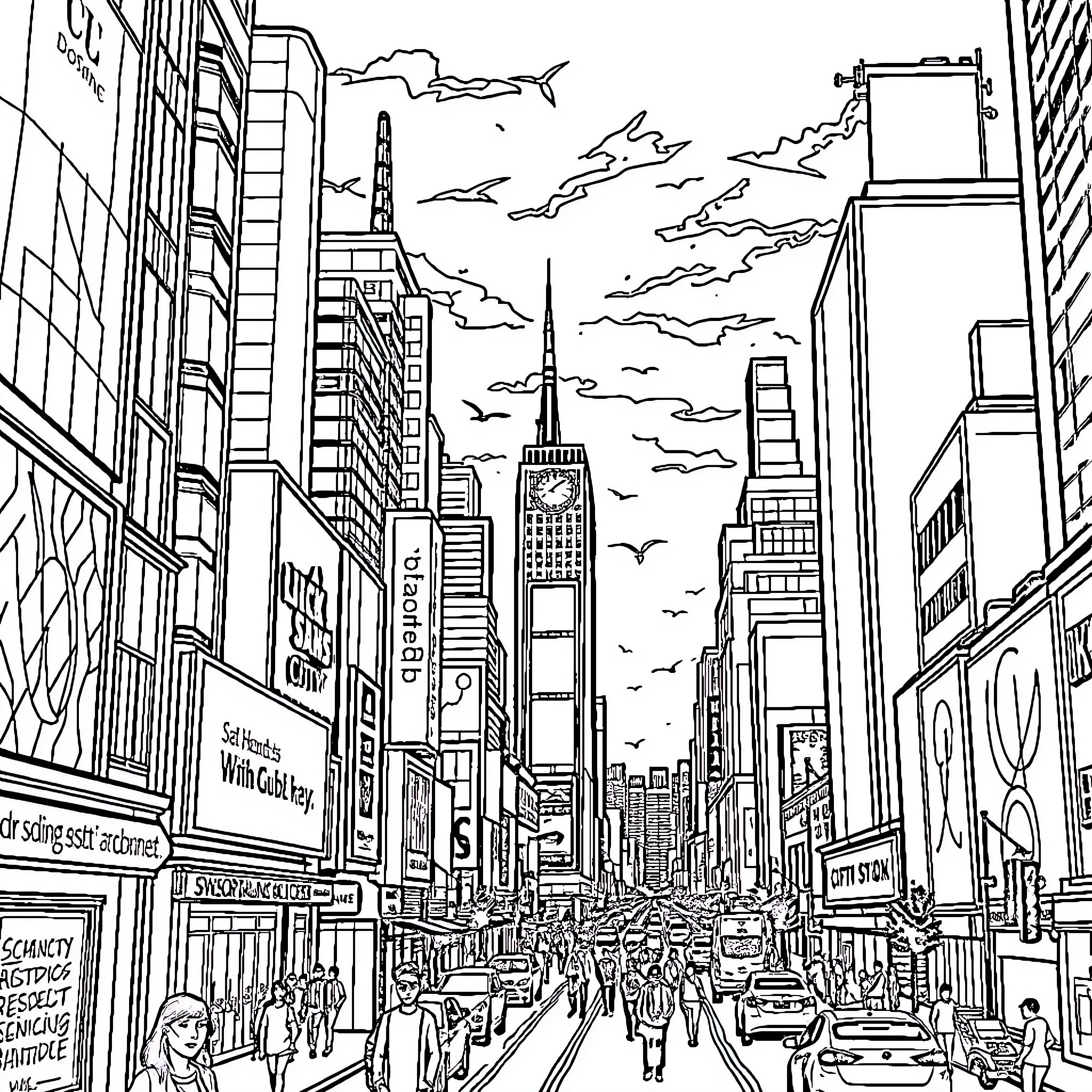 City Bustling with Towering Skyscrapers and Crowds Coloring Page (free black-and-white line drawing printable PDF for all, from beginners to advanced learners, including children, teens, adults, and seniors)