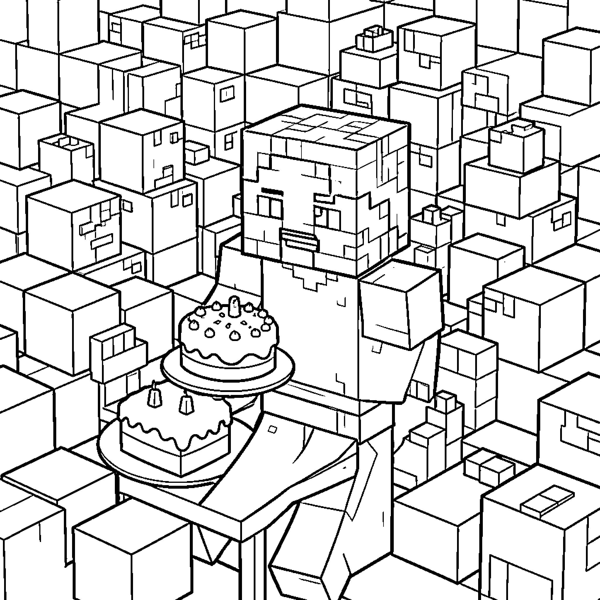 Minecraft Character holding cakes at a celebration Coloring Page (free black-and-white line drawing printable PDF for all, from beginners to advanced learners, including children, teens, adults, and seniors)