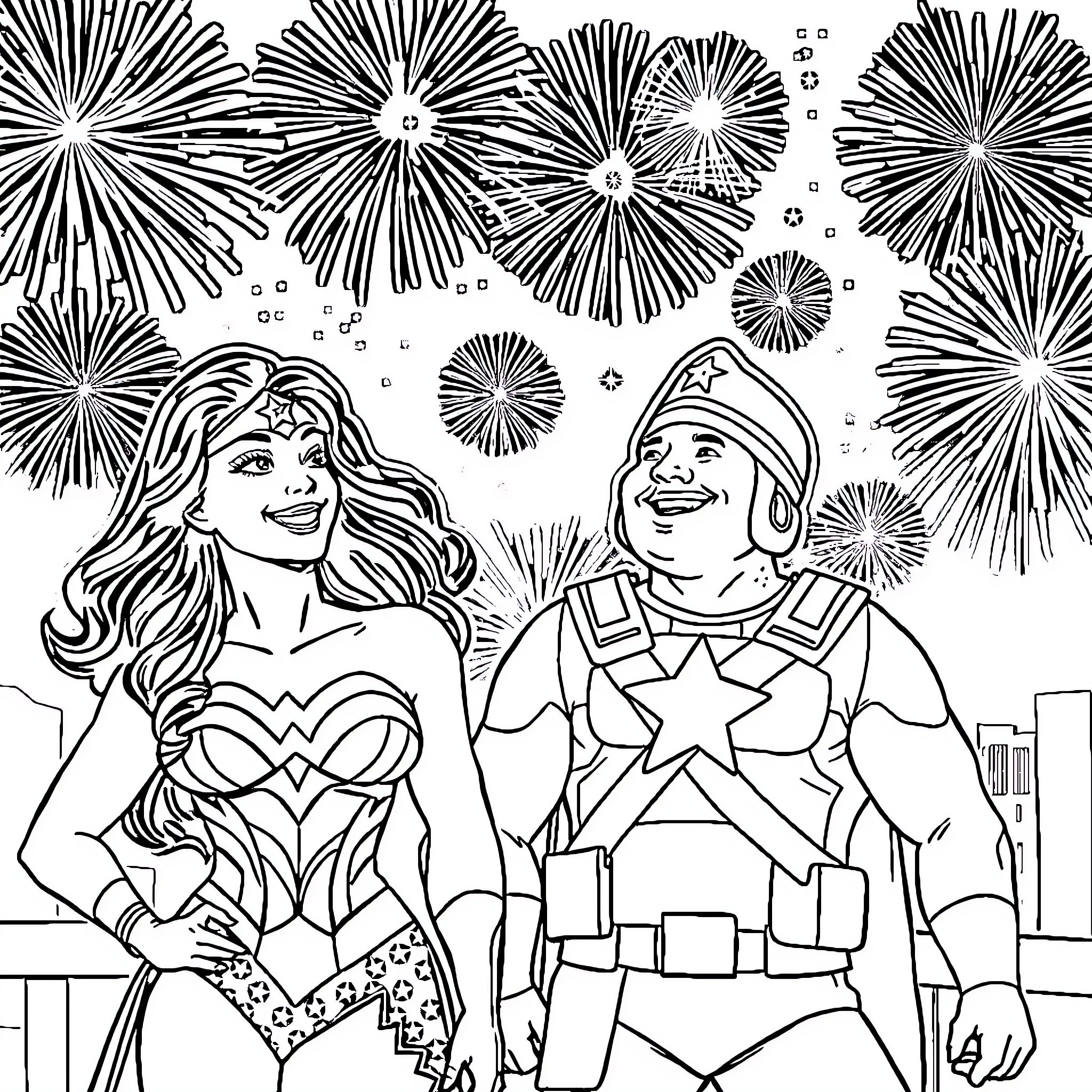Wonder Woman and Captain America Celebrating with Fireworks Coloring Page (free black-and-white line drawing printable PDF for all, from beginners to advanced learners, including children, teens, adults, and seniors)